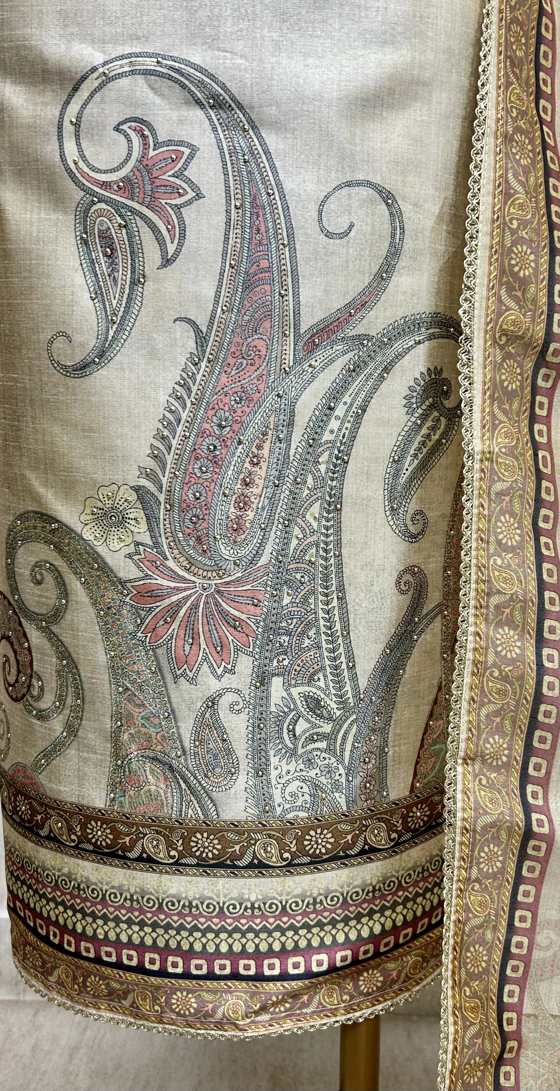 Tussar Silk Unstitched Suit Set With Tussar Silk Dupatta