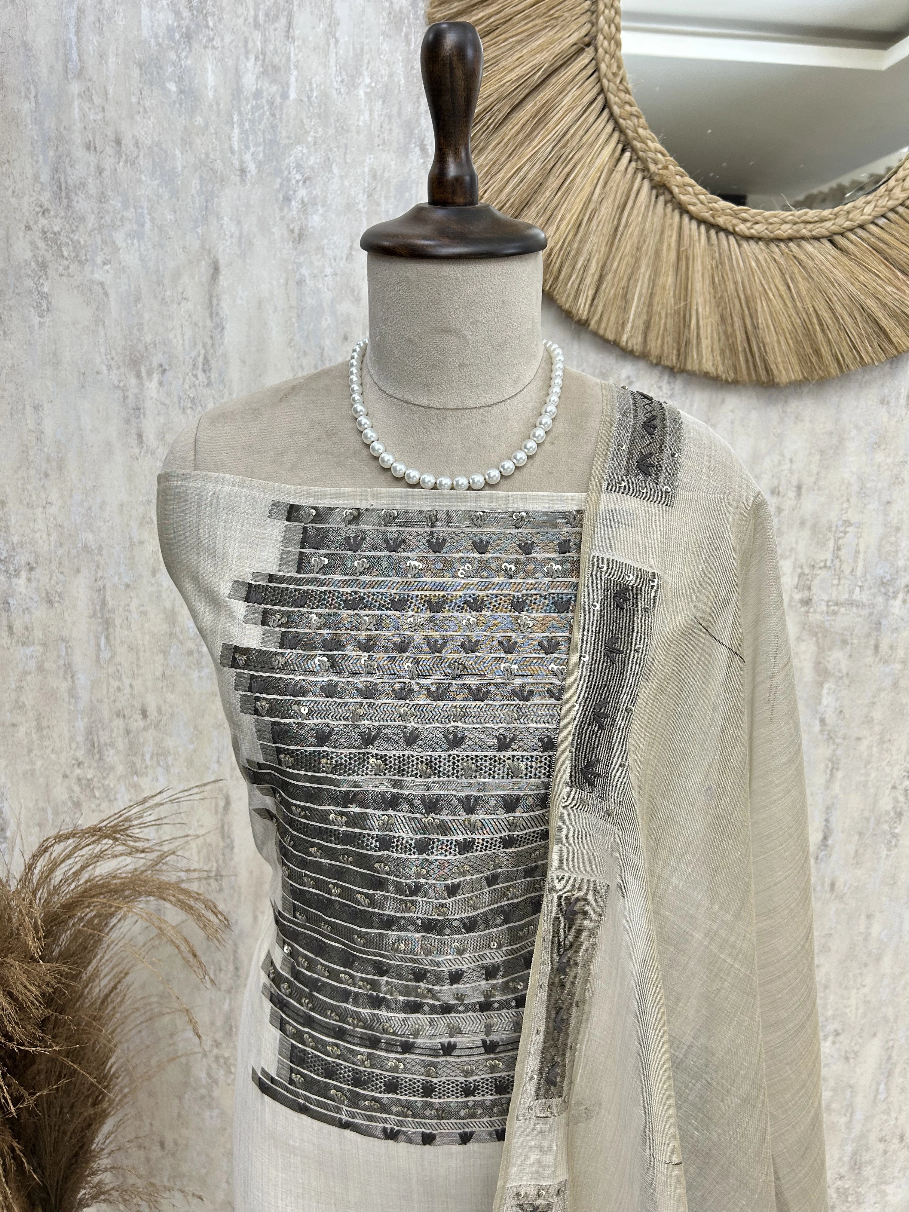 Kantha Work Jamdani Linen Unstitched Suit Set