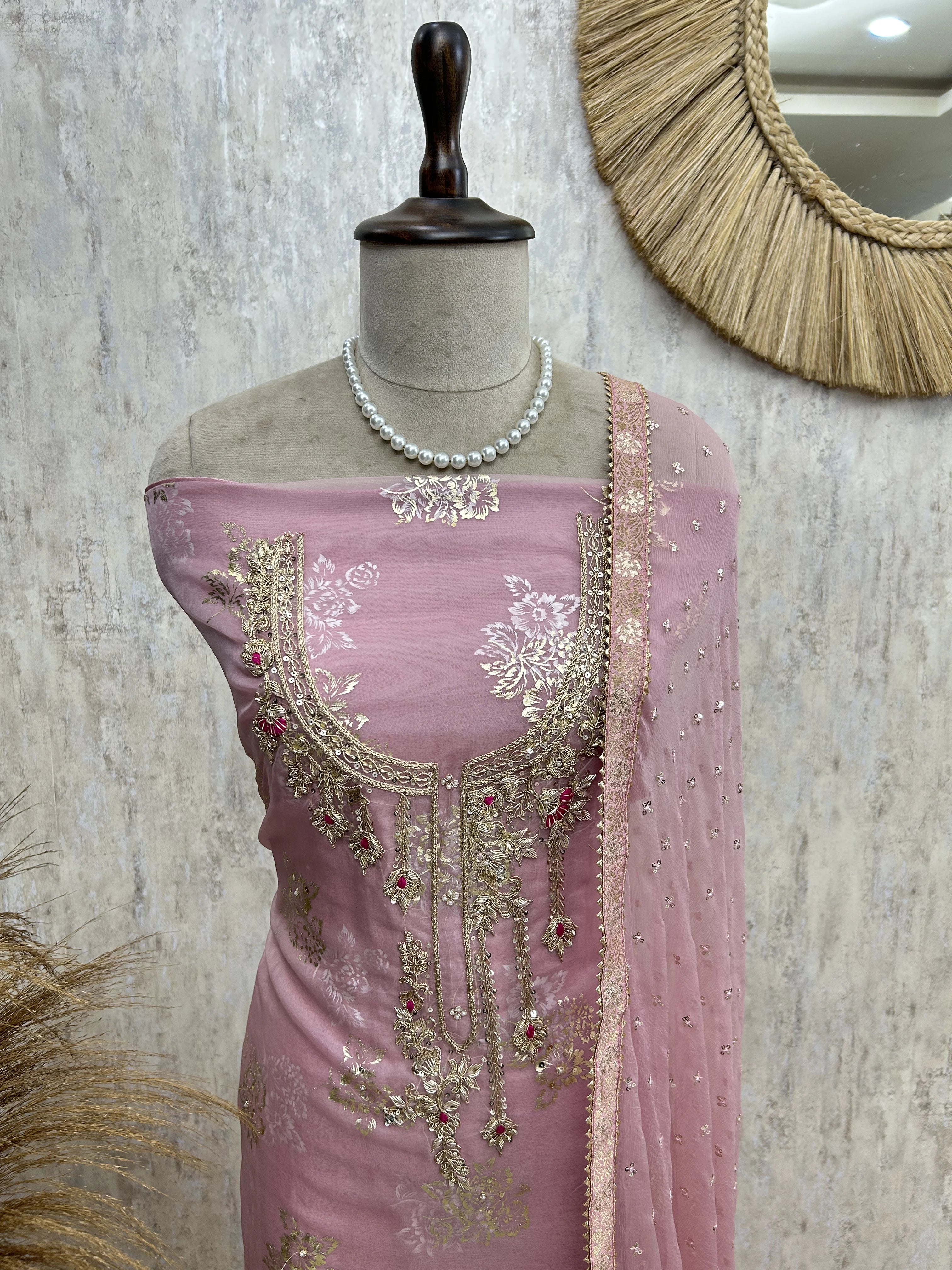Zardozi Work Organza Unstitched Suit Set