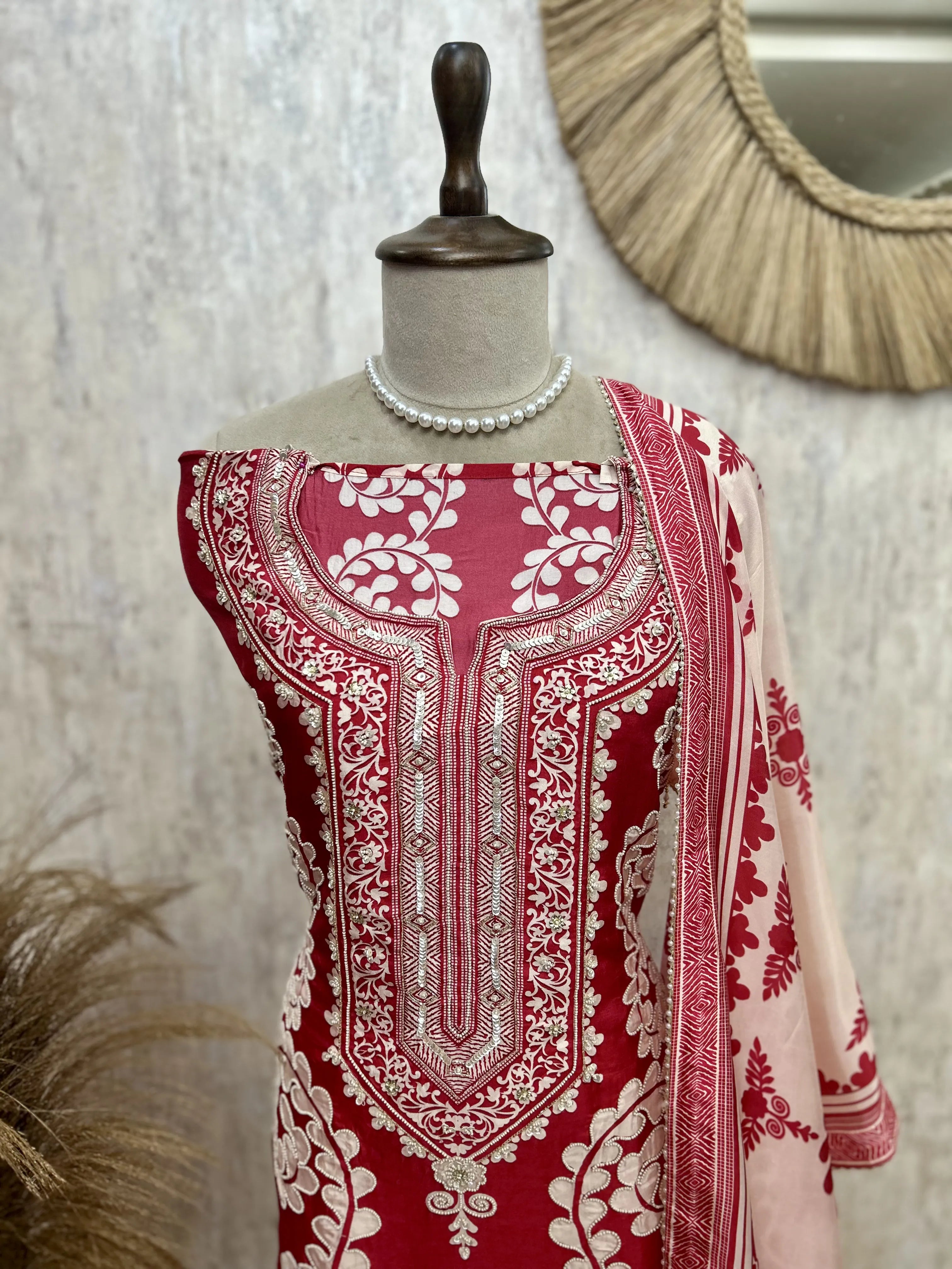 Russian Crepe Unstitched Suit Set With Russian Crepe Dupatta