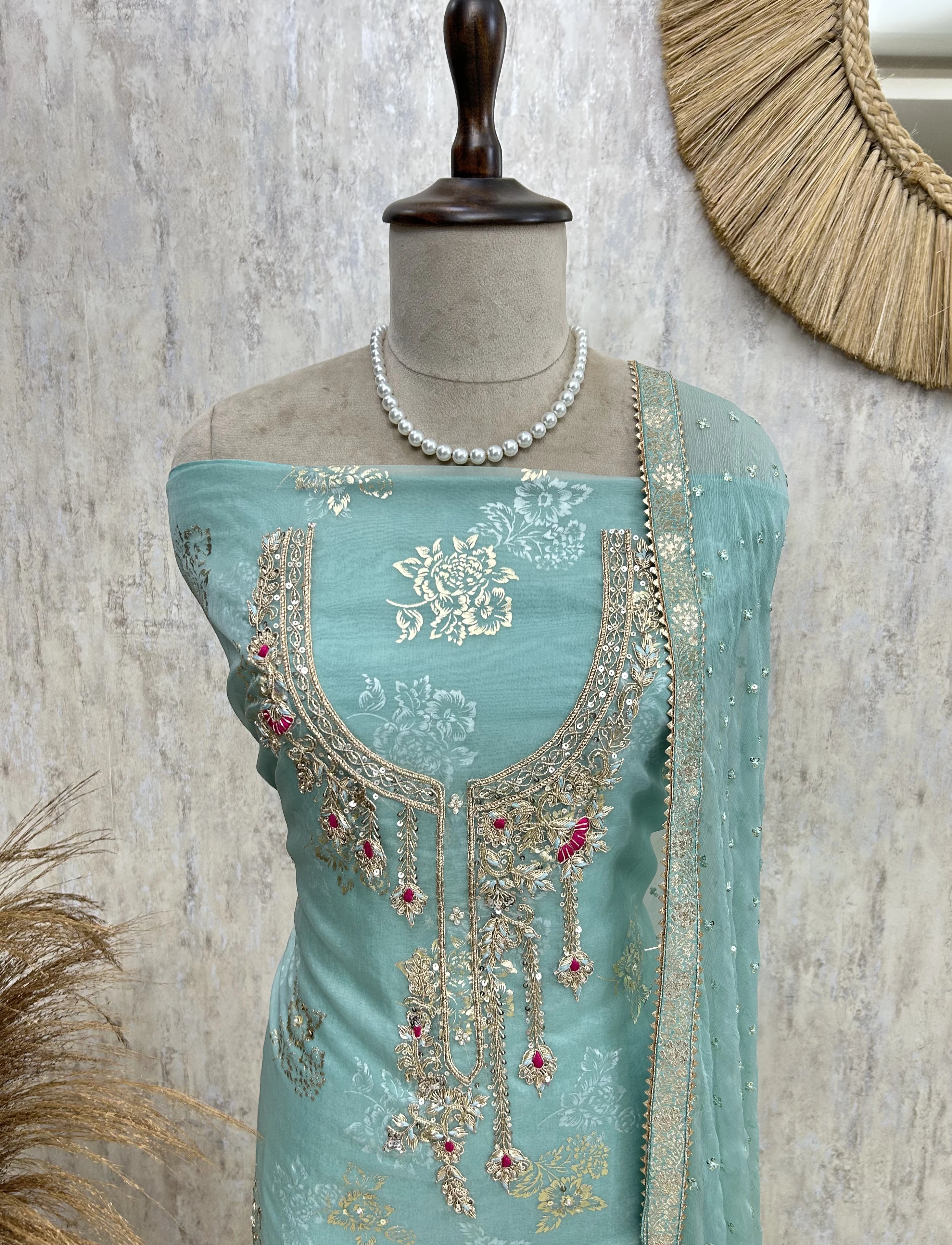 Zardozi Work Organza Unstitched Suit Set