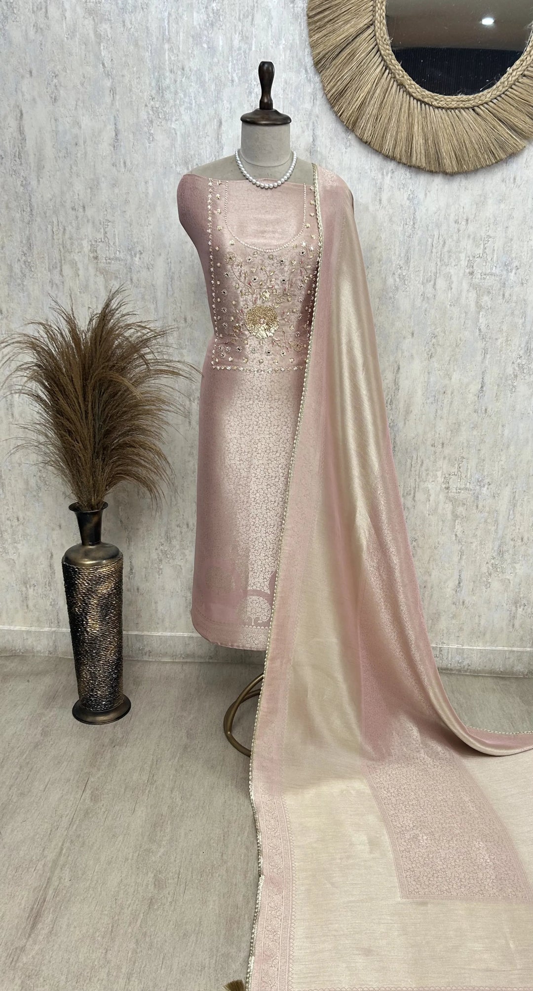 Brocade Silk Unstitched Suit Set Featuring Brocade Silk Dupatta