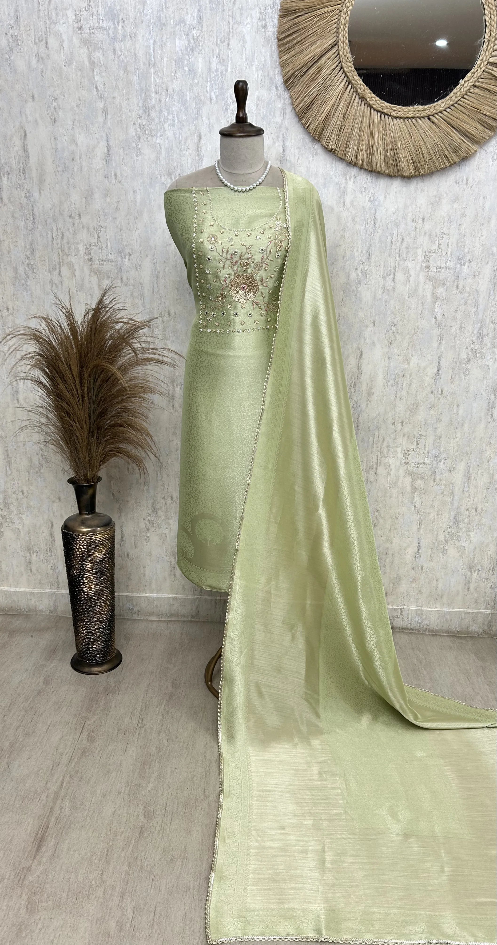 Brocade Silk Unstitched Suit Set Featuring Brocade Silk Dupatta