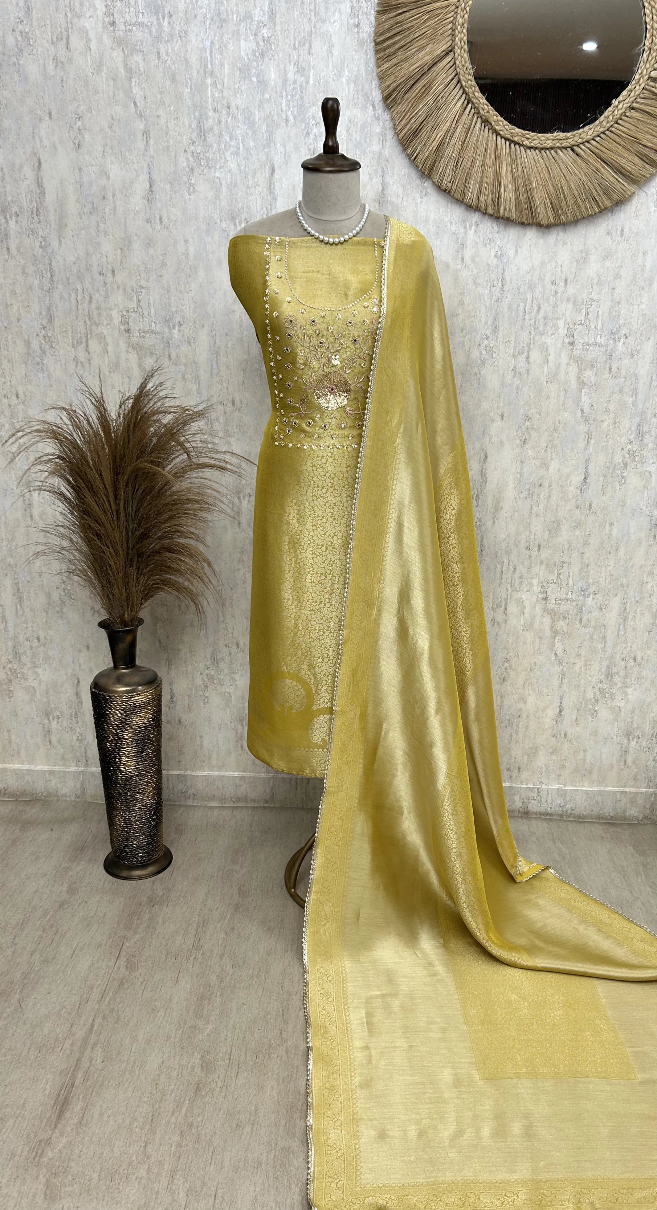Brocade Silk Unstitched Suit Set Featuring Brocade Silk Dupatta