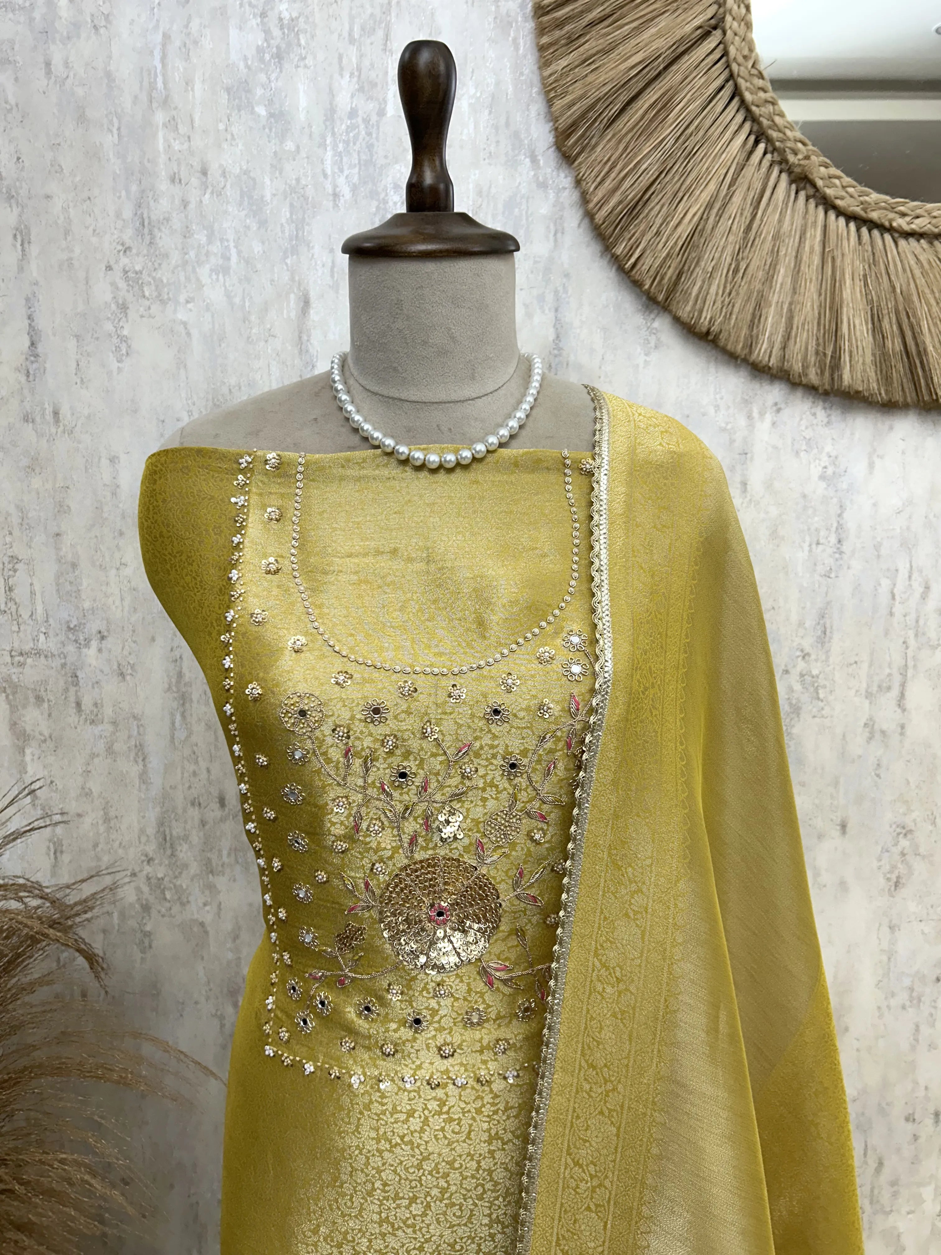 Brocade Silk Unstitched Suit Set Featuring Brocade Silk Dupatta