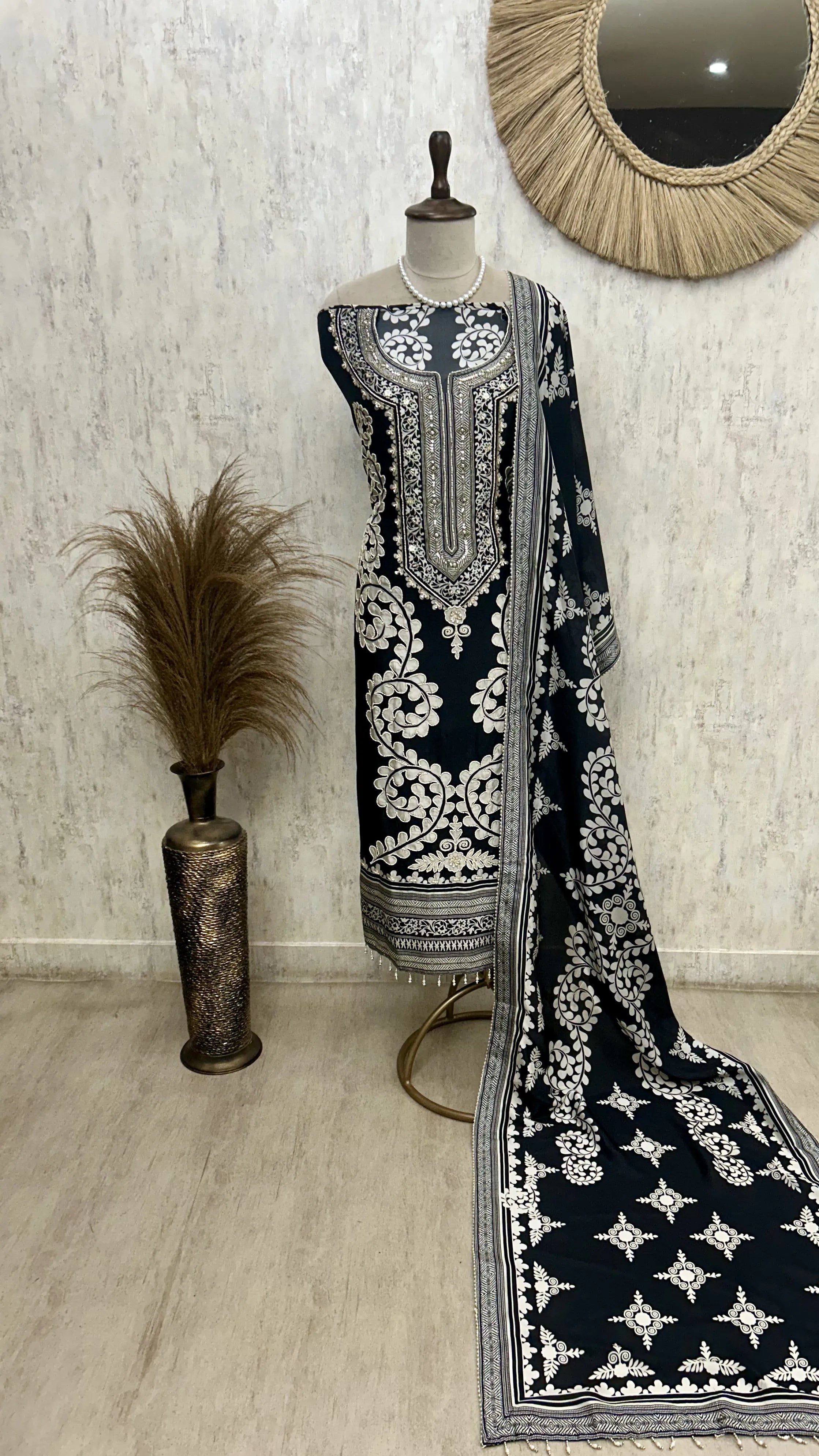 Russian Crepe Unstitched Suit Set With Russian Crepe Dupatta