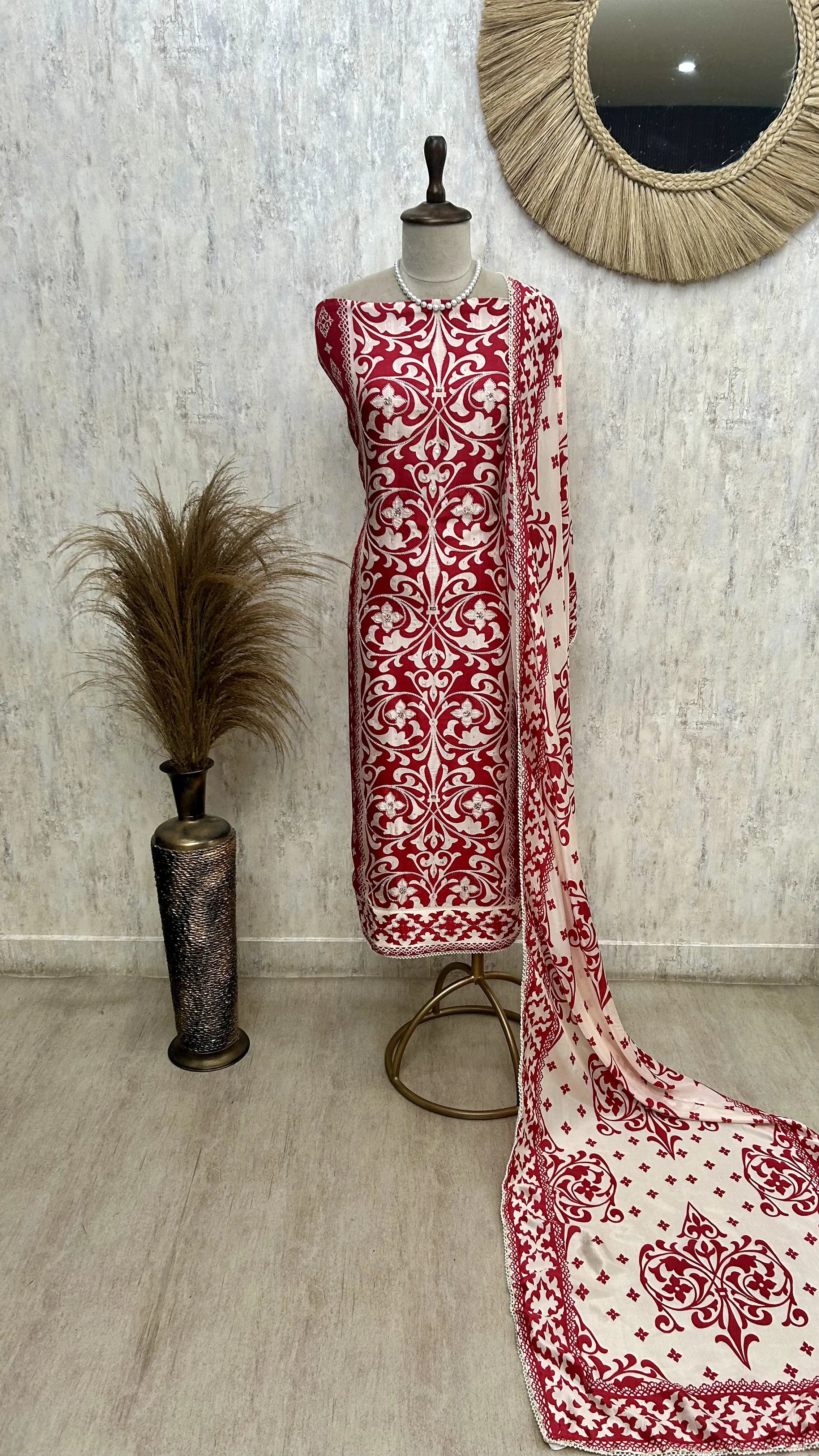 Printed Muslin Unstitched Suit Set With Detailing Of Pearl Work
