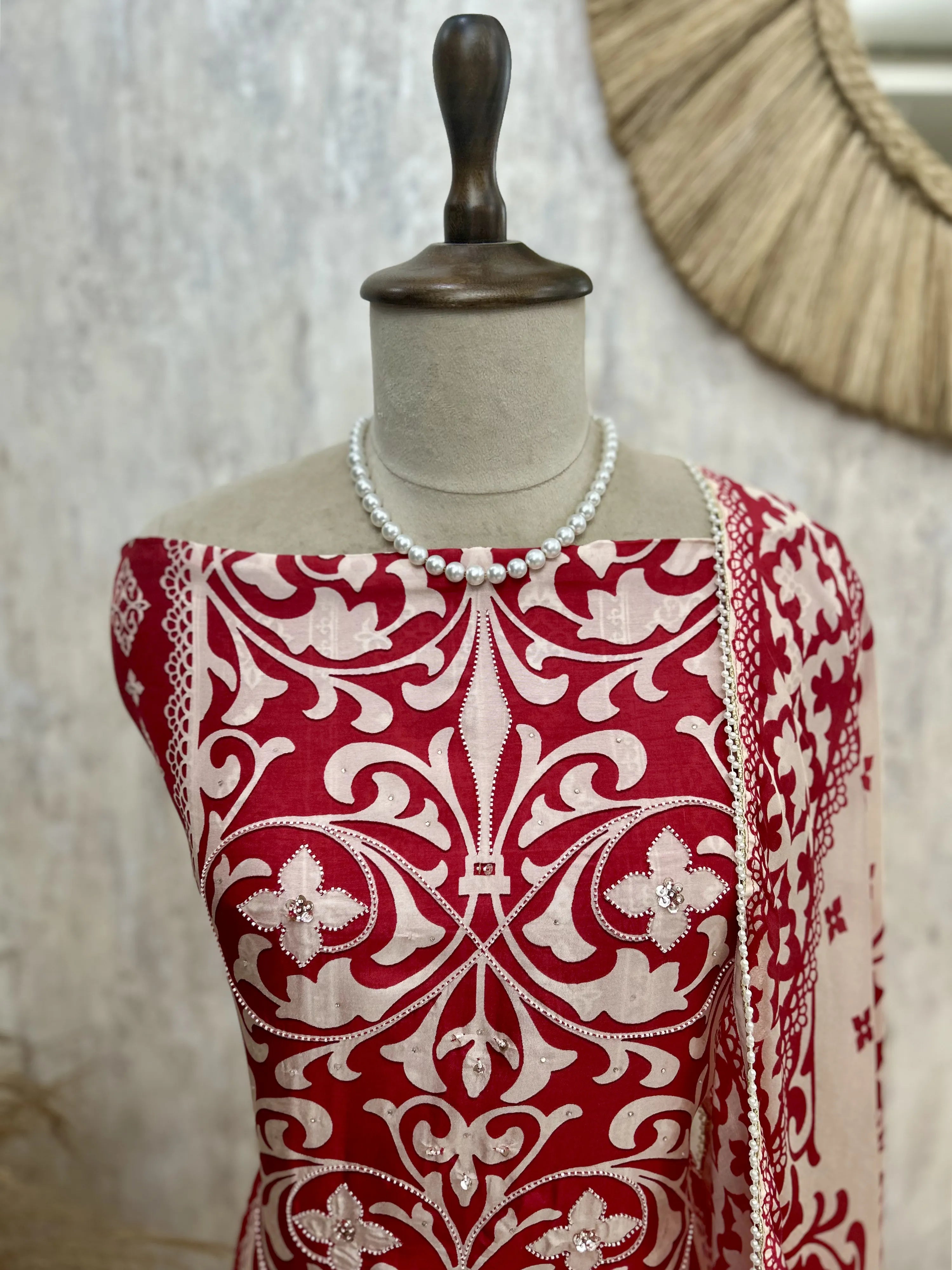 Printed Muslin Unstitched Suit Set With Detailing Of Pearl Work