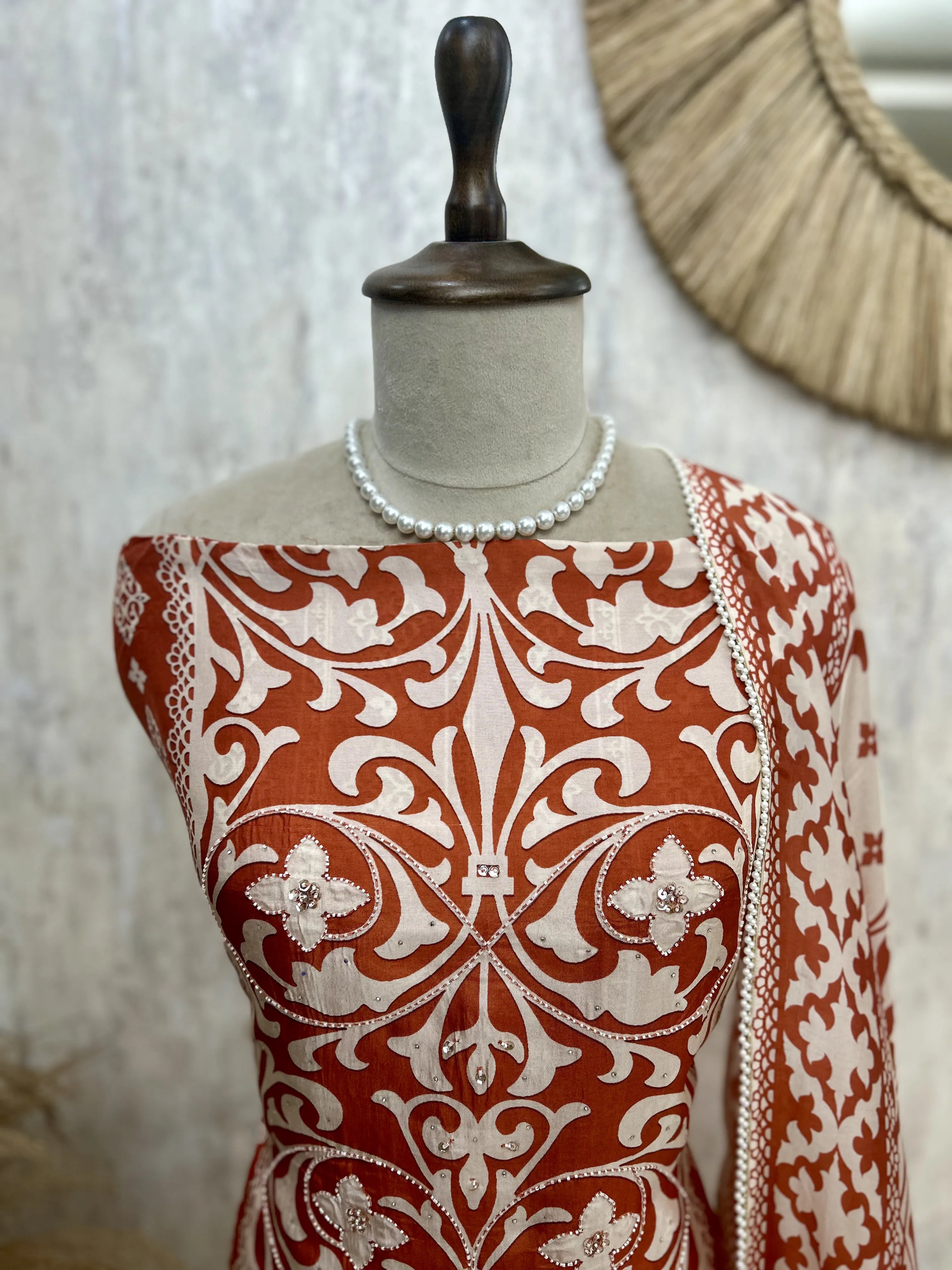 Printed Muslin Unstitched Suit Set With Detailing Of Pearl Work