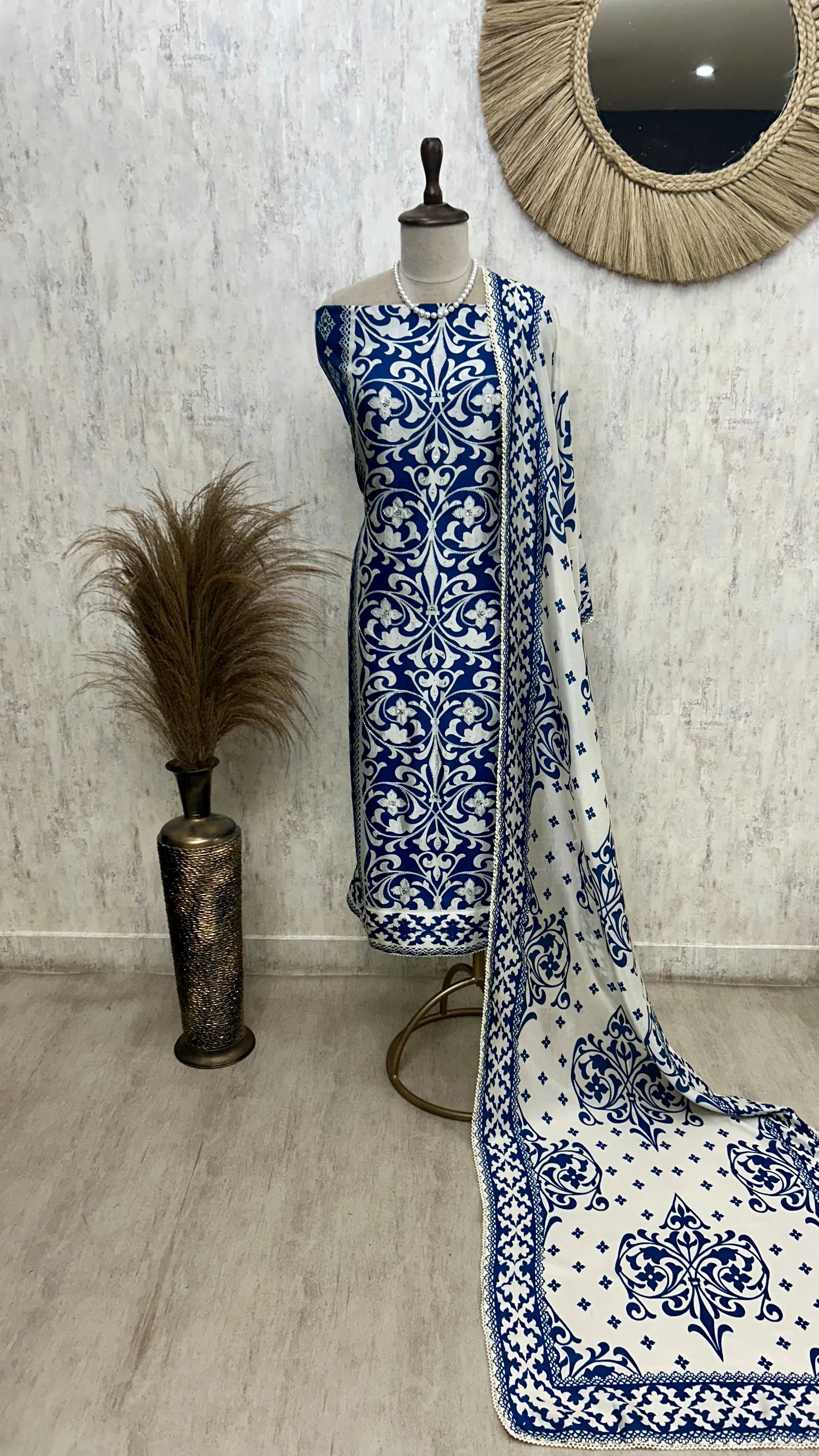Printed Muslin Unstitched Suit Set With Detailing Of Pearl Work