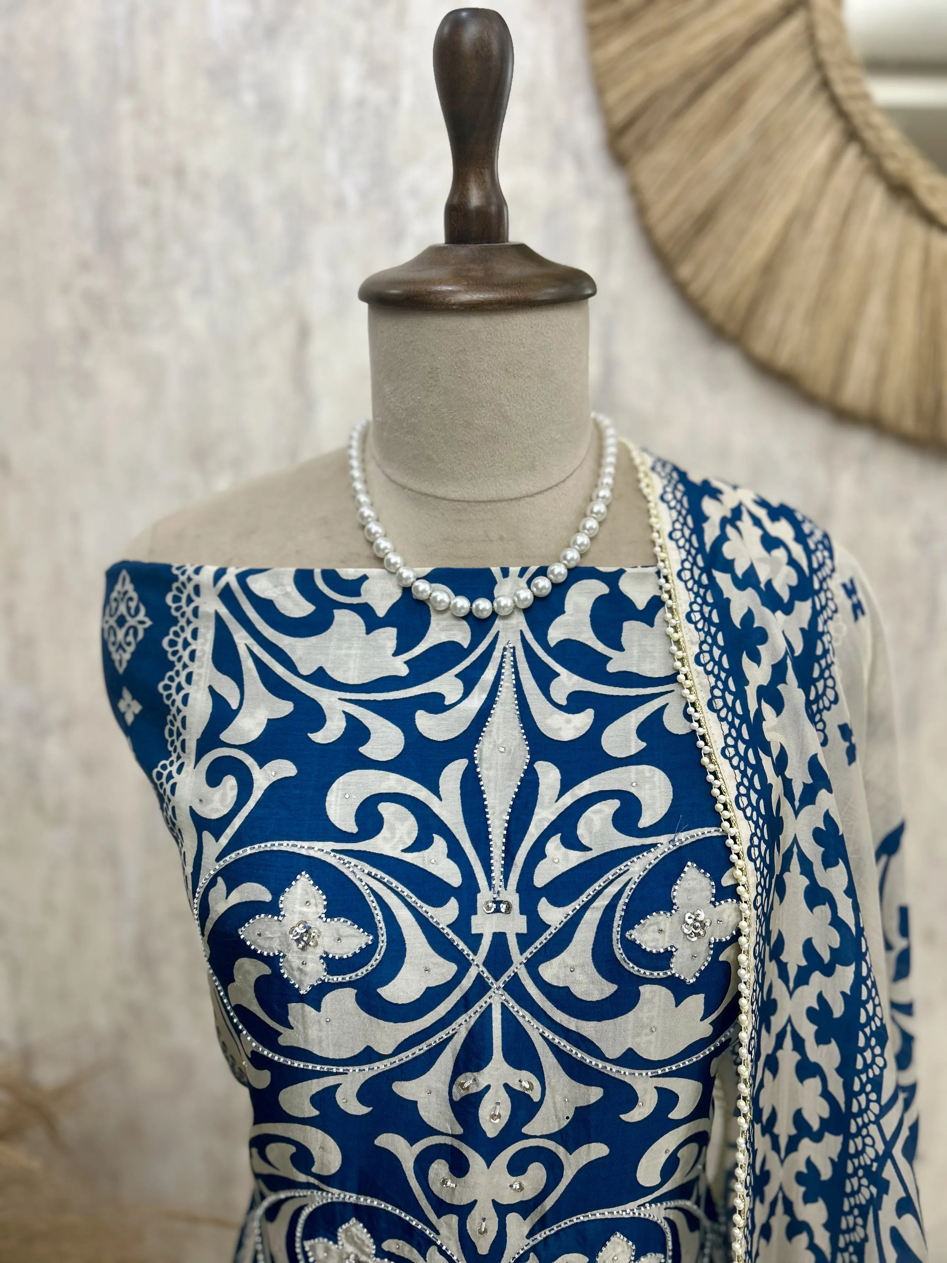 Printed Muslin Unstitched Suit Set With Detailing Of Pearl Work