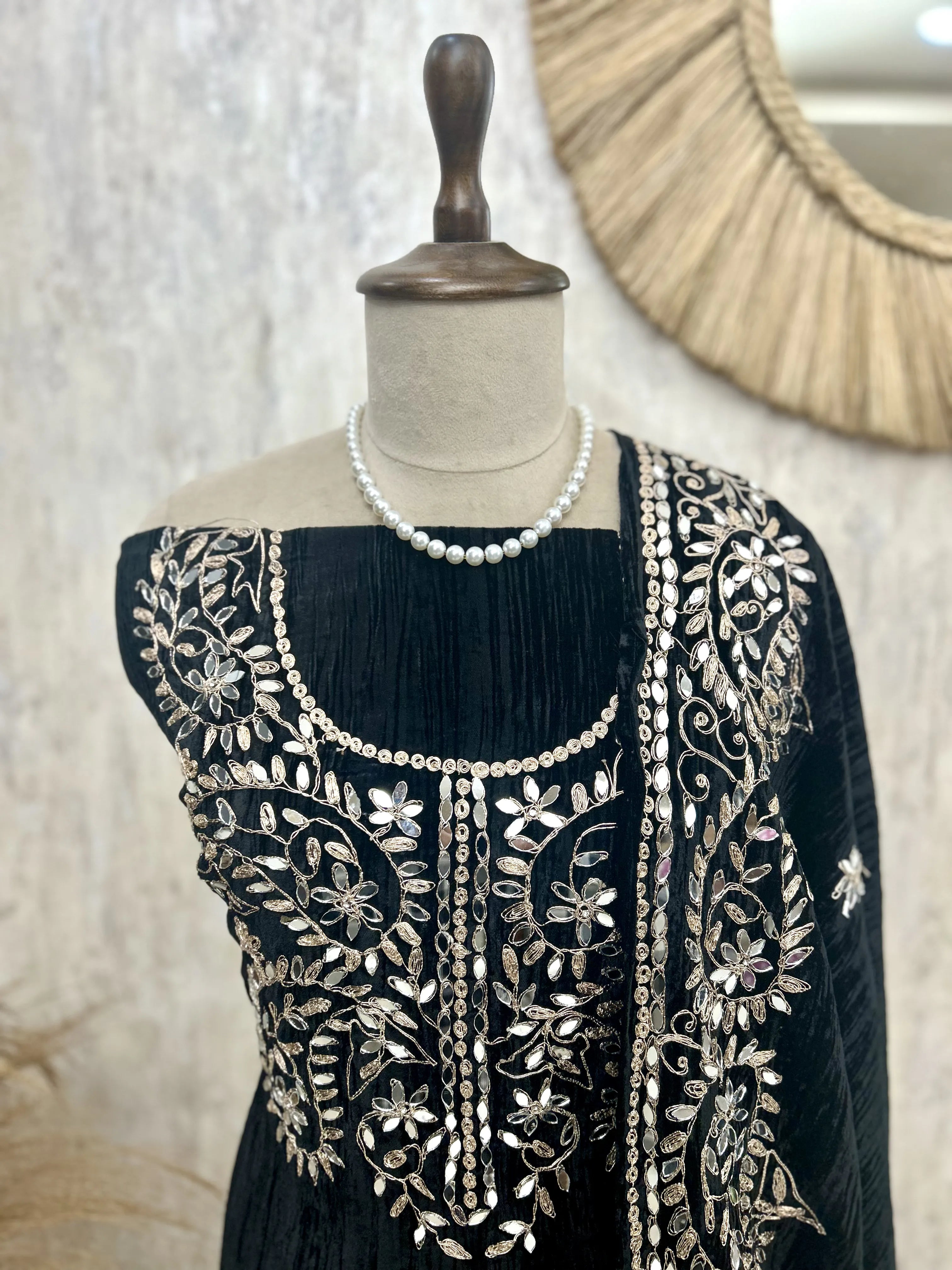 Crush Velvet Unstitched Suit Set Featuring Mirror Work On Bottom, Neckline & Dupatta