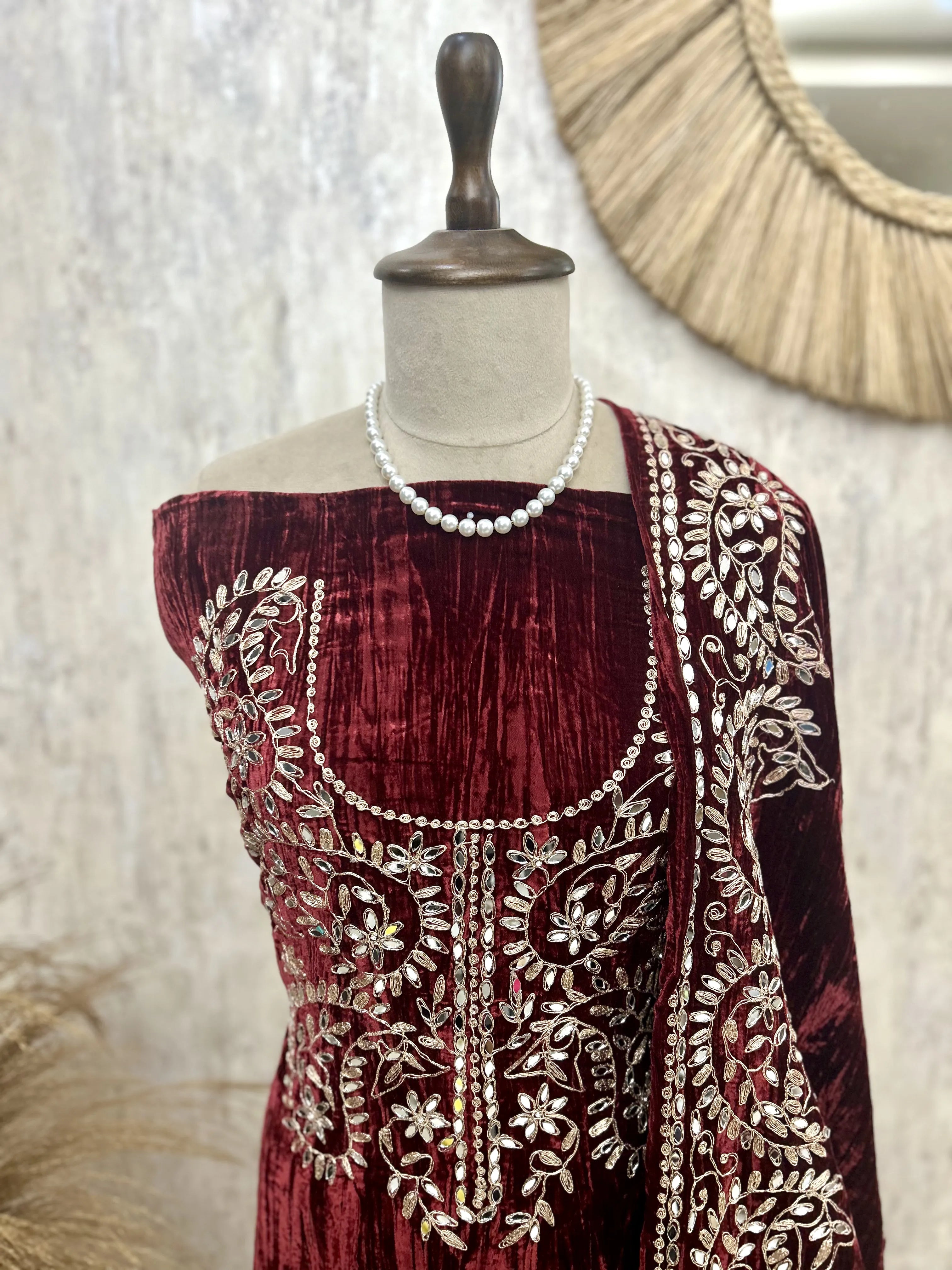 Crush Velvet Unstitched Suit Set Featuring Mirror Work On Bottom, Neckline & Dupatta