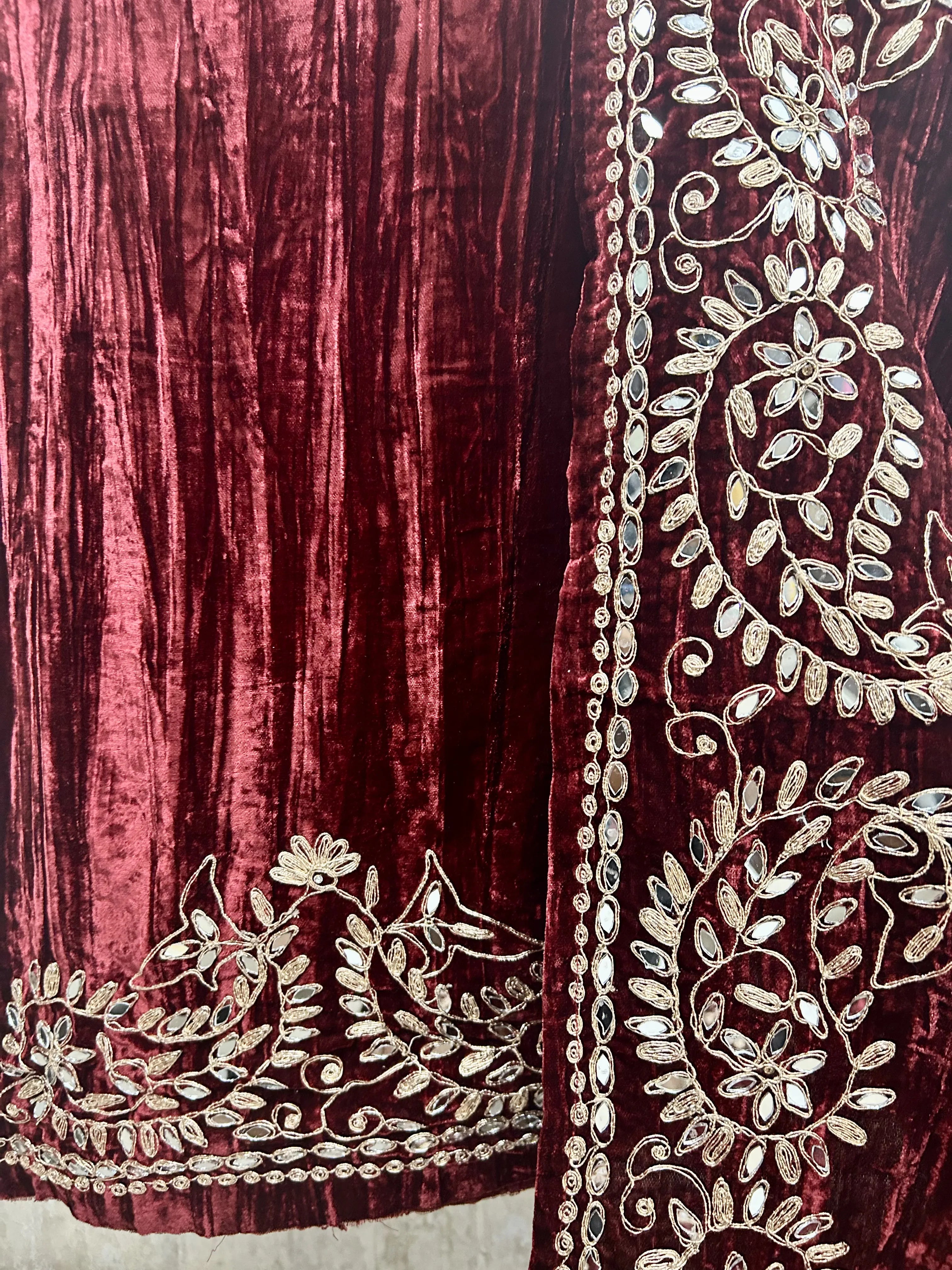 Crush Velvet Unstitched Suit Set Featuring Mirror Work On Bottom, Neckline & Dupatta