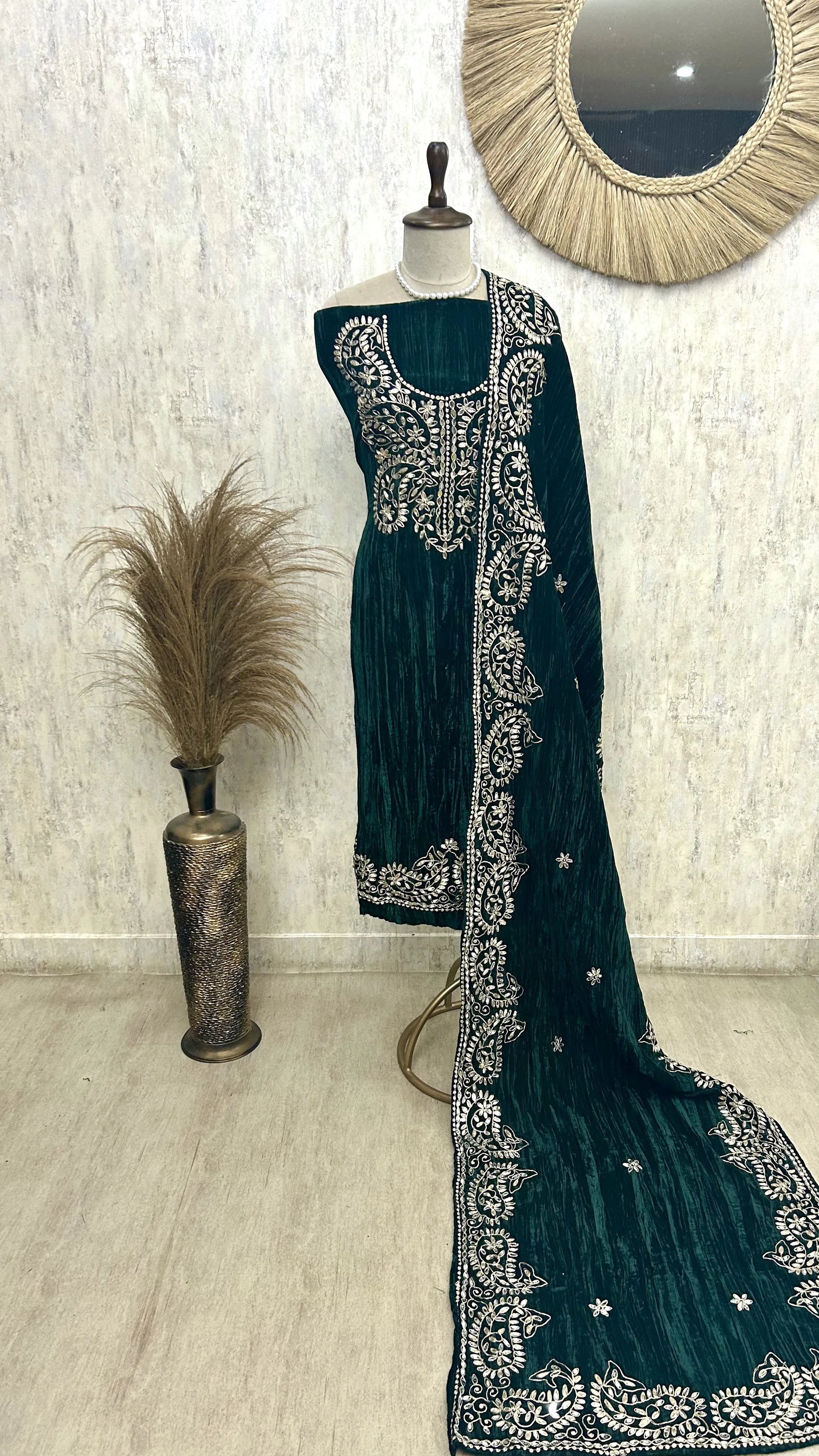Crush Velvet Unstitched Suit Set Featuring Mirror Work On Bottom, Neckline & Dupatta