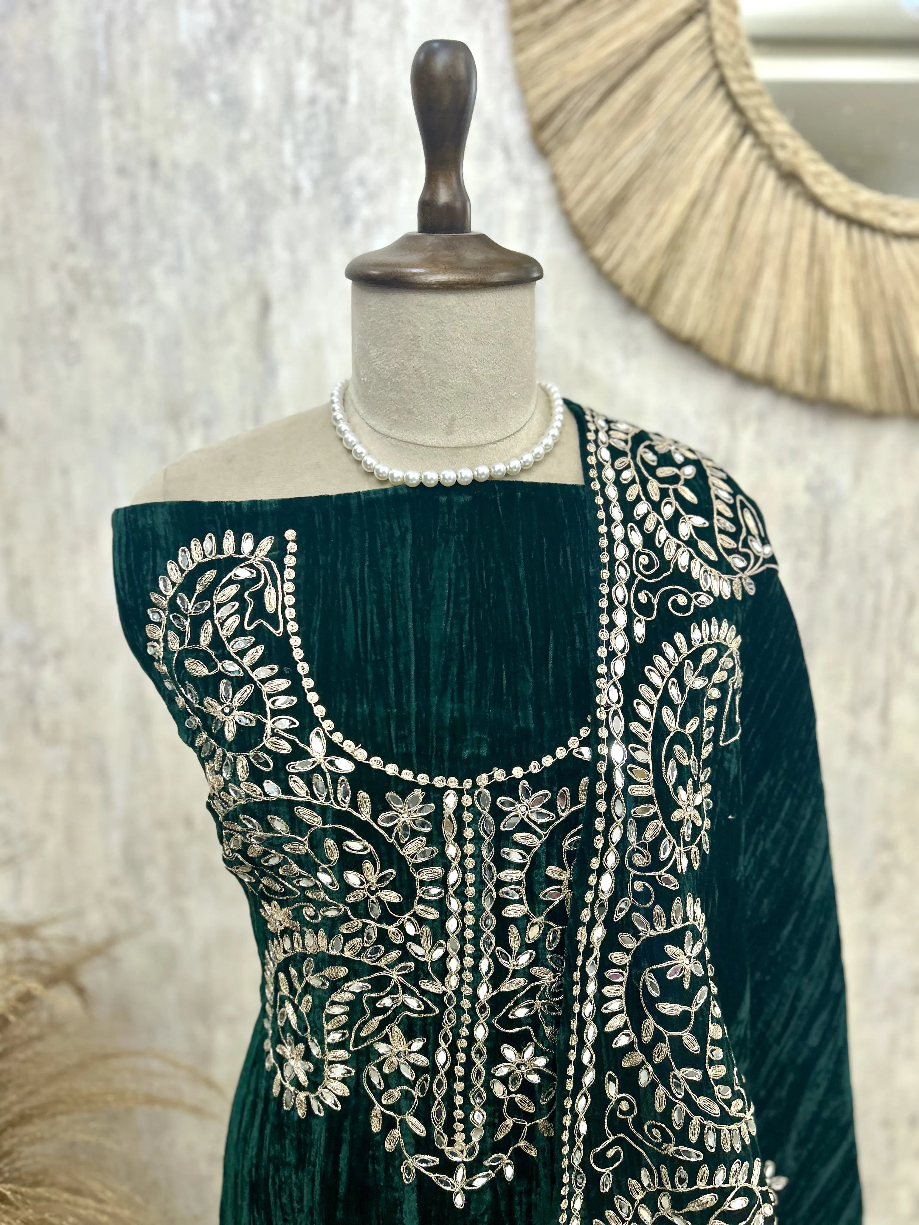 Crush Velvet Unstitched Suit Set Featuring Mirror Work On Bottom, Neckline & Dupatta