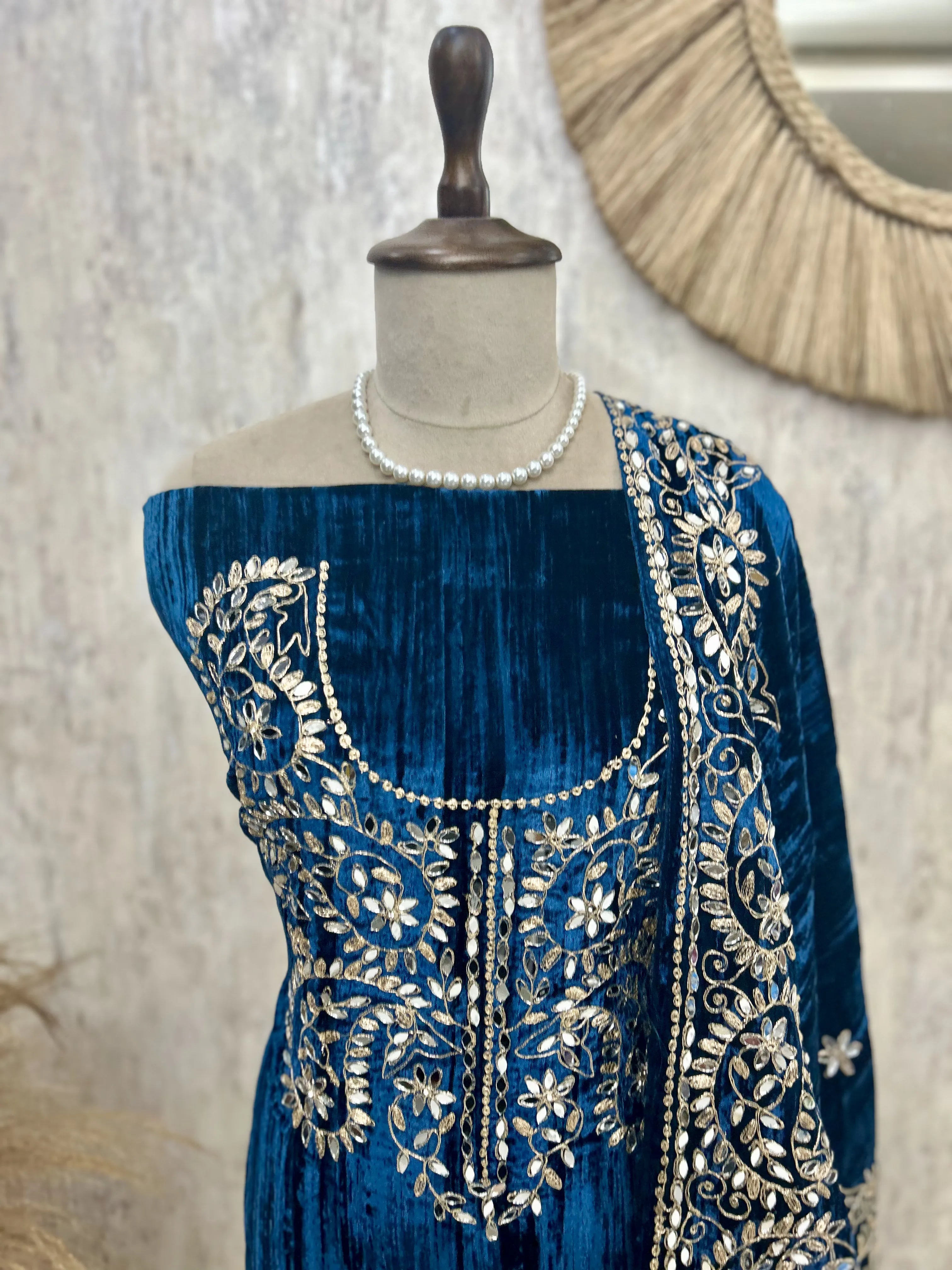 Crush Velvet Unstitched Suit Set Featuring Mirror Work On Bottom, Neckline & Dupatta