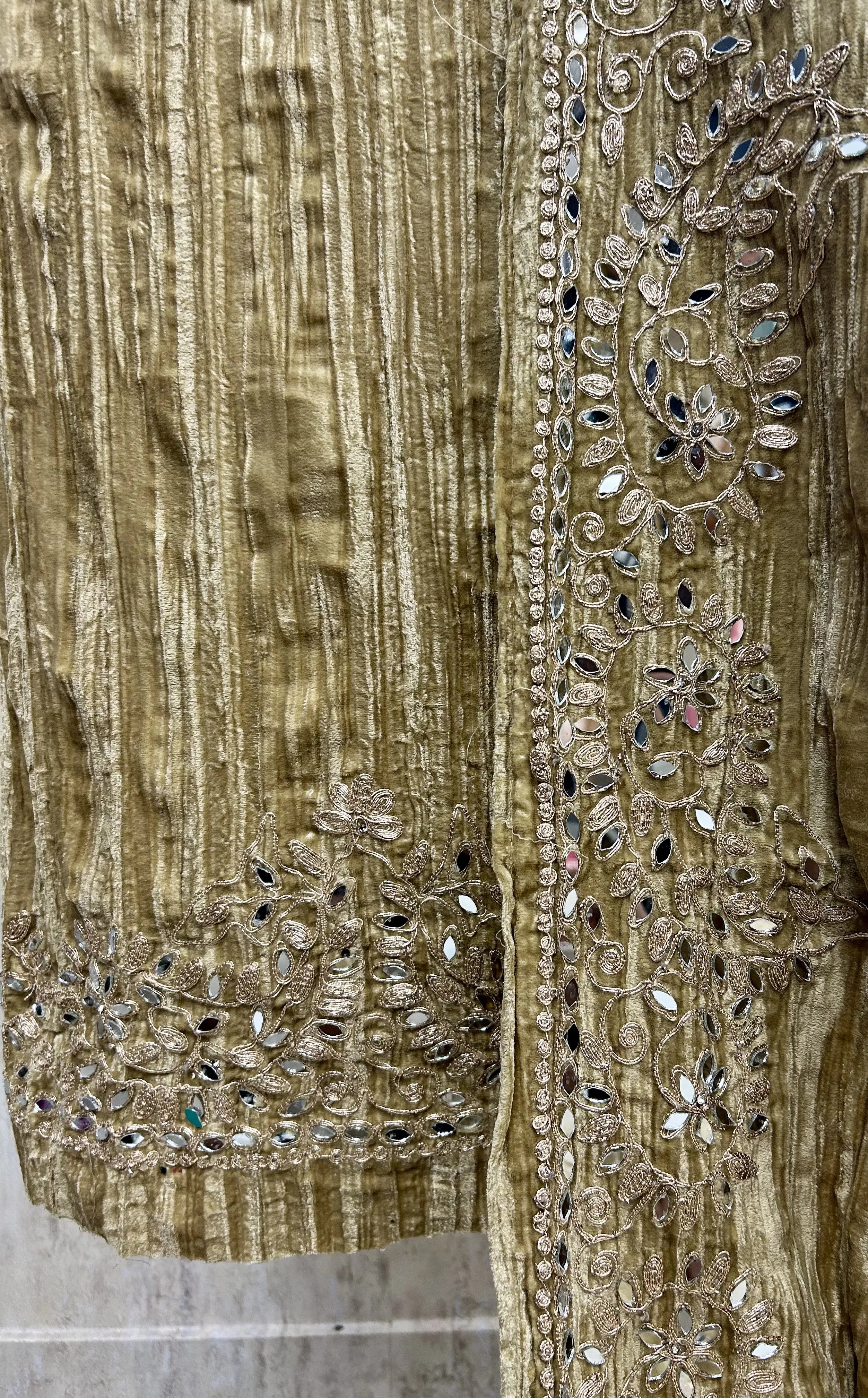 Crush Velvet Unstitched Suit Set Featuring Mirror Work On Bottom, Neckline & Dupatta