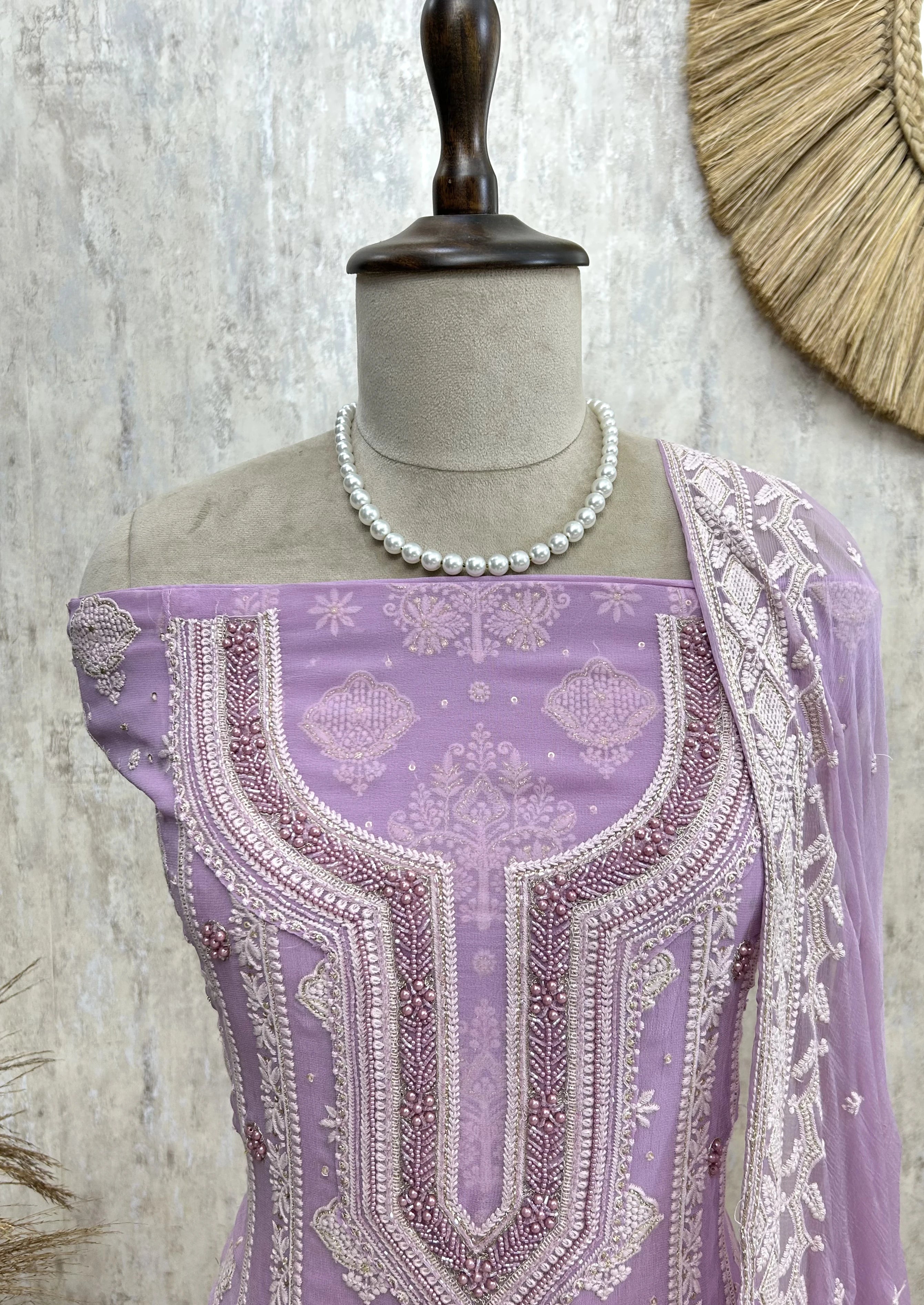 Chikankari & Pearl Work Geogette Unstitched Suit Set