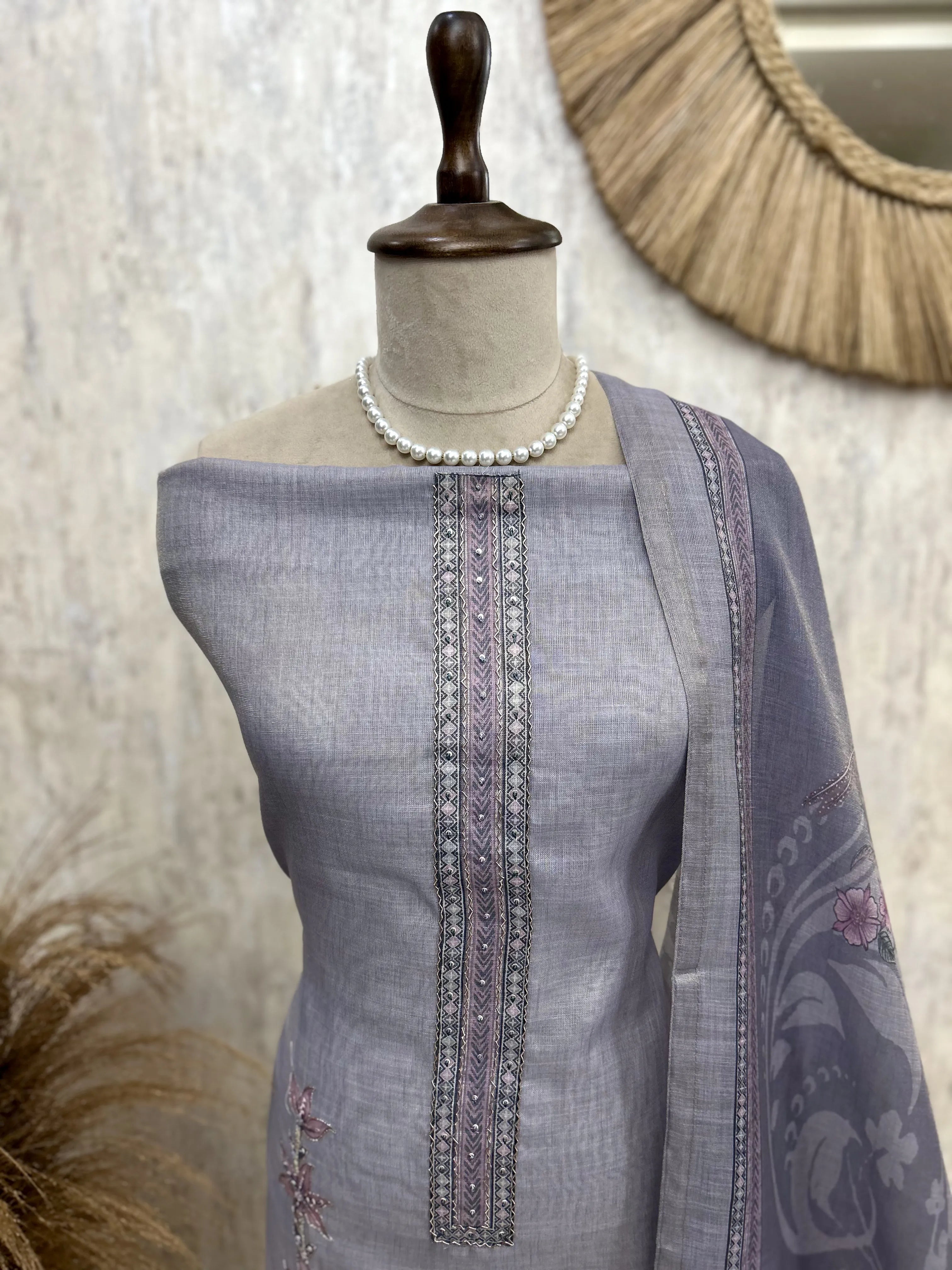 Tissue Linen Unstitched Suit Set With Tissue Linen Dupatta