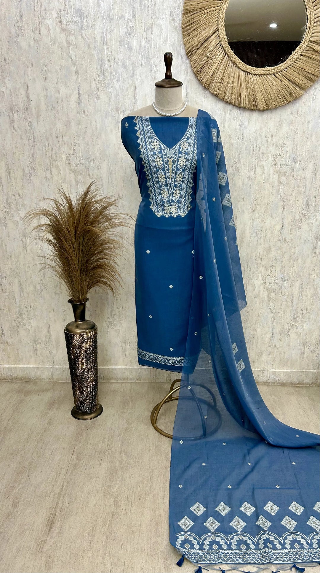 Indigo Jamdani Unstitched Suit Set With Jamdani Dupatta