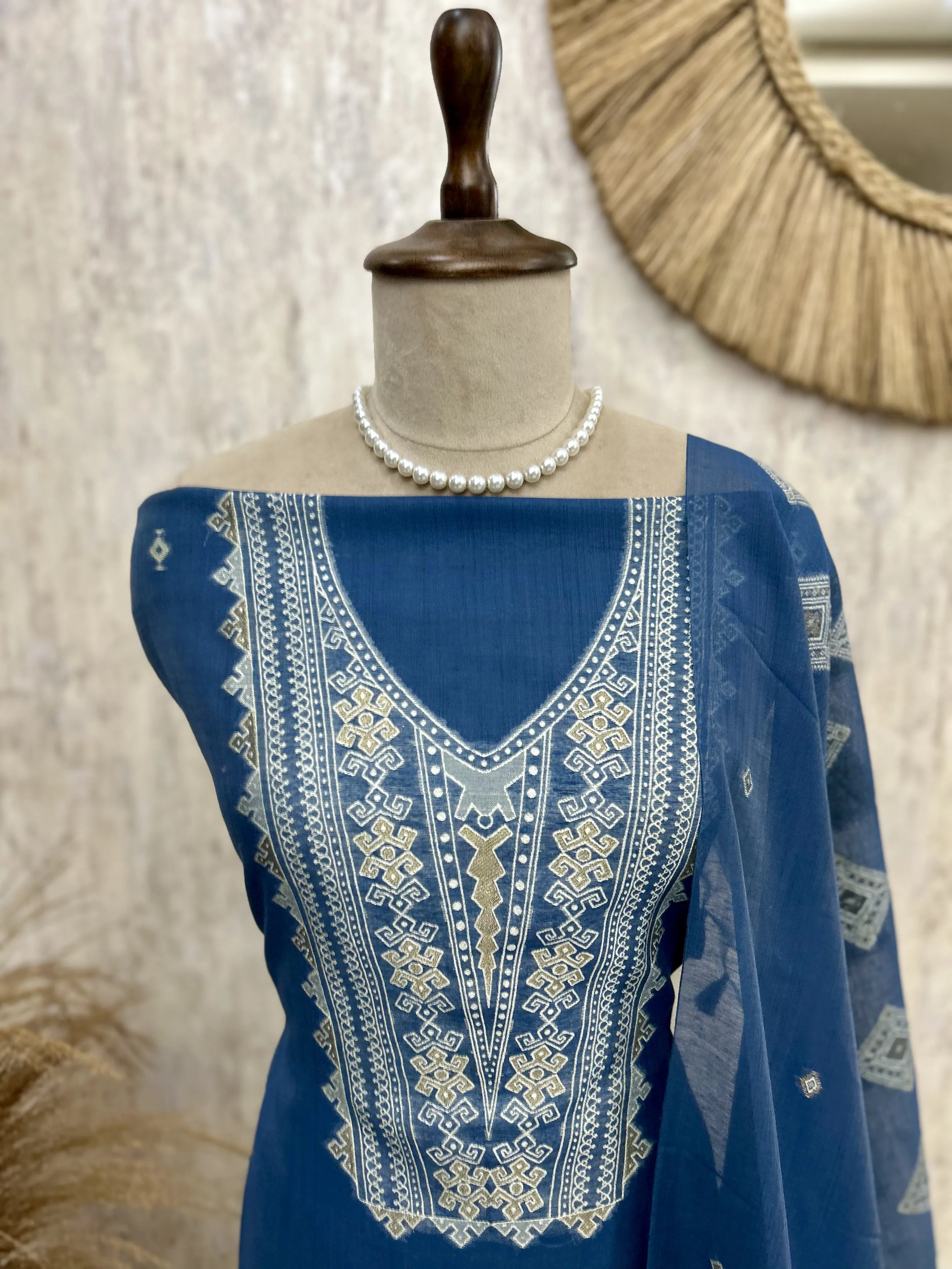 Indigo Jamdani Unstitched Suit Set With Jamdani Dupatta