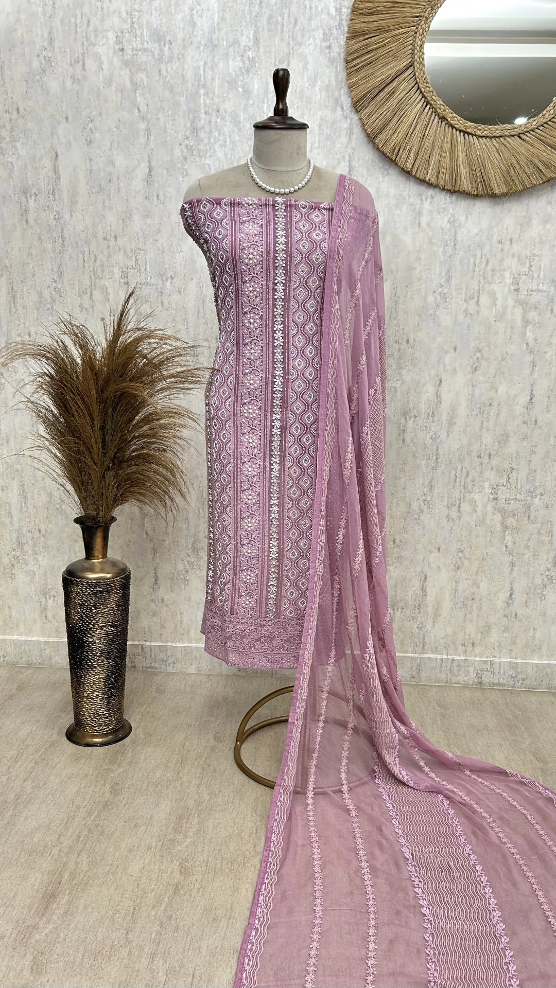 Lucknowi Pearl Work Georgette Unstitched Suit Set