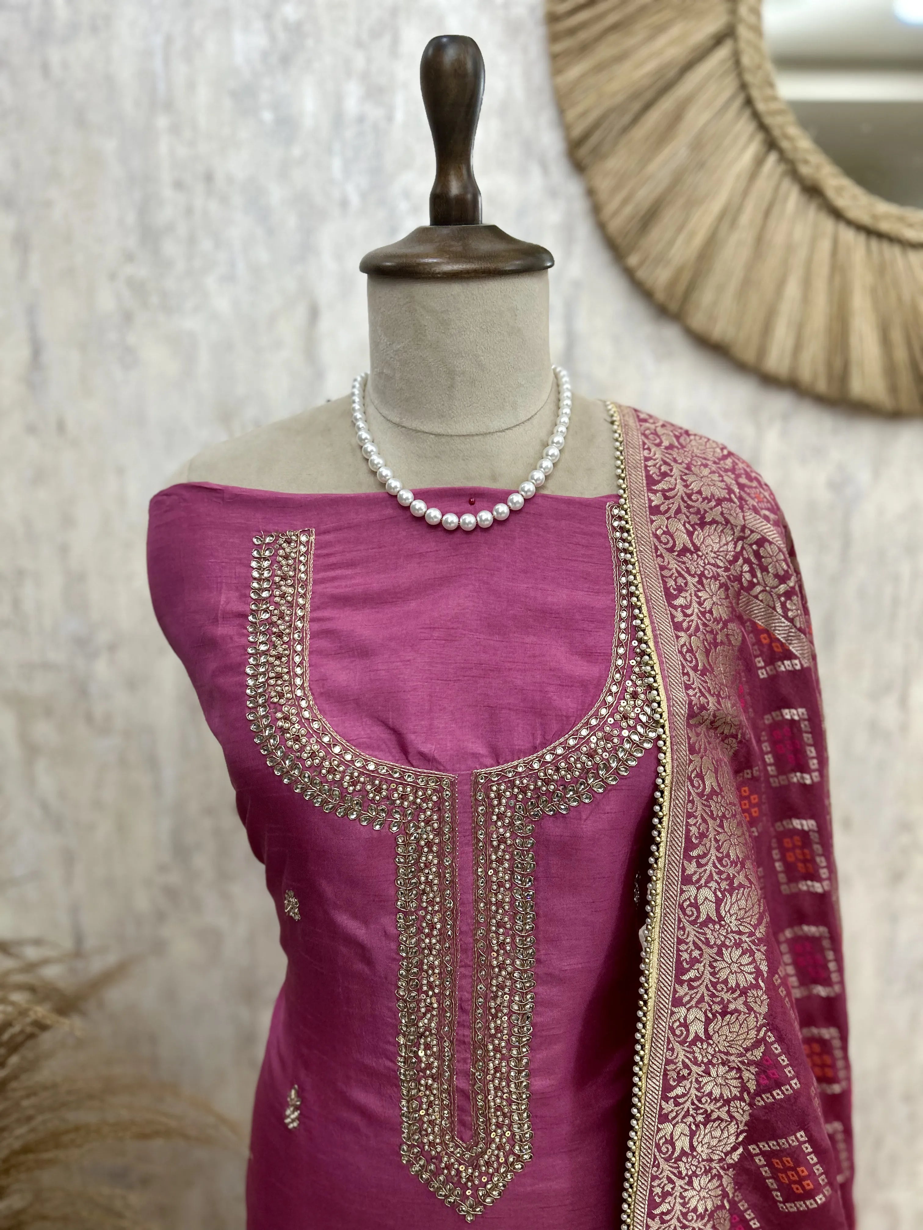 Dola Silk Unstitched Suit Set Featuring Dola Silk Dupatta