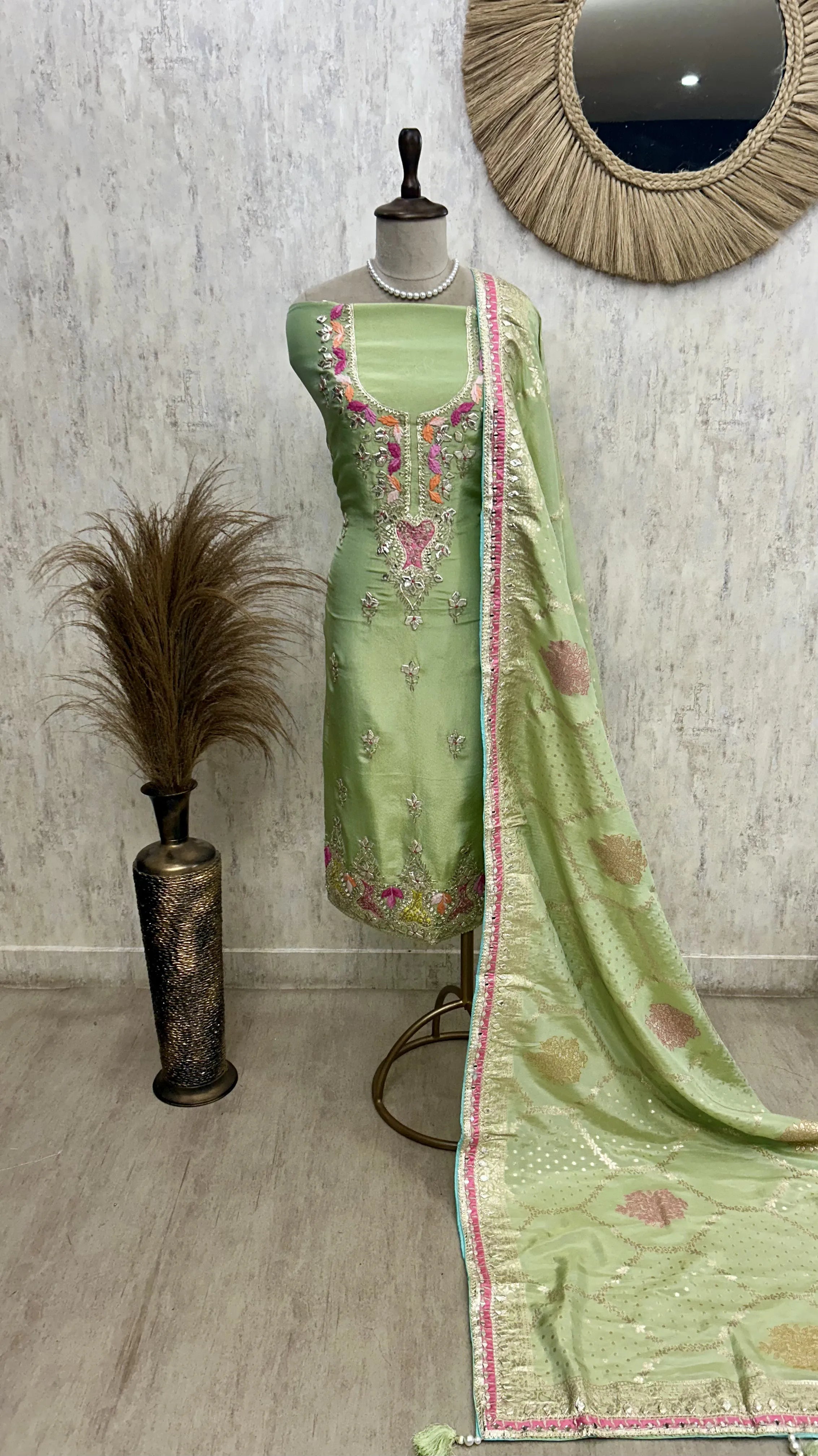 Tissue Unstitched Suit Set Featuring Tissue Dupatta