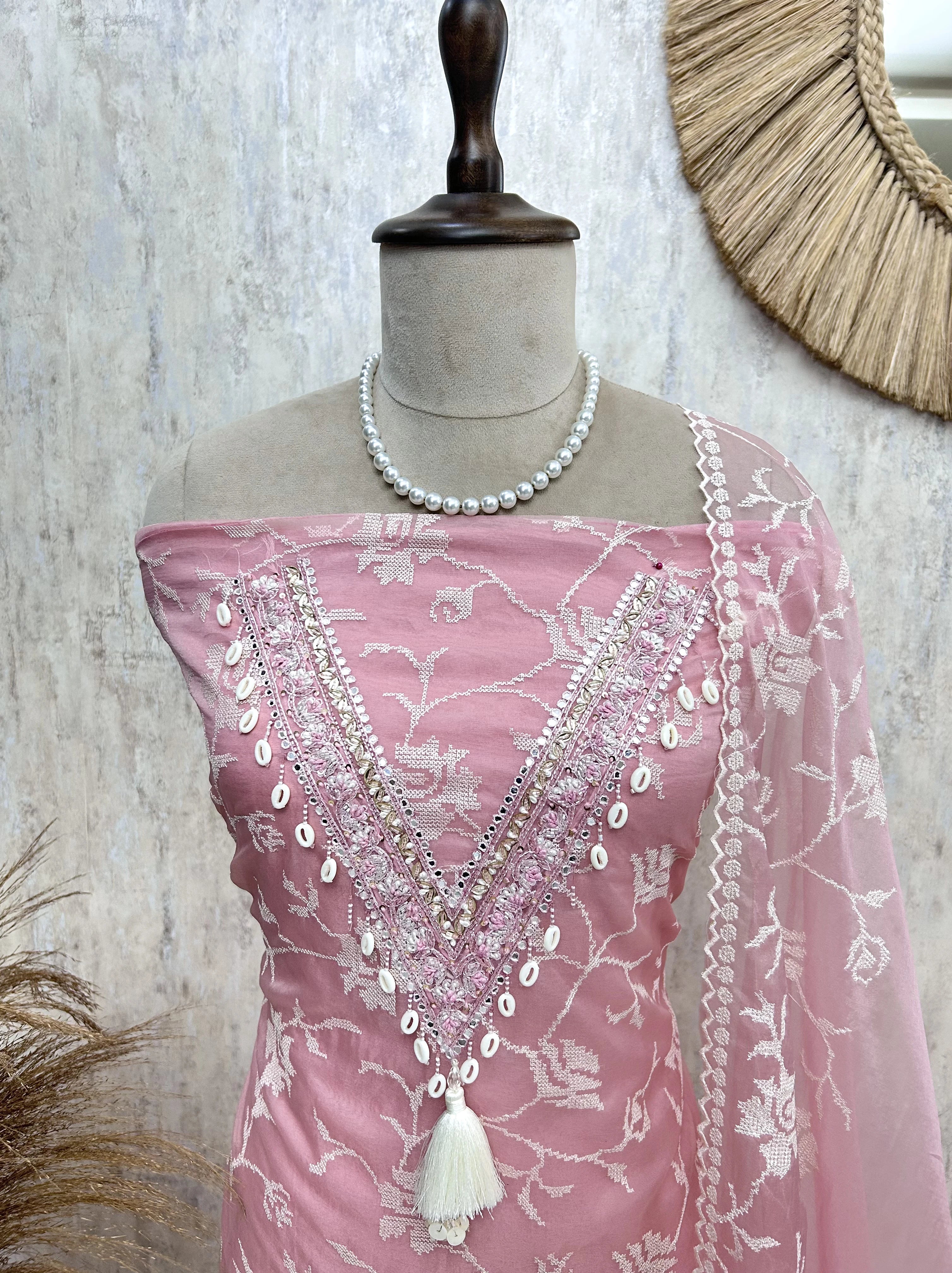 Floral Thread Work Organza Unstitched Suit Set