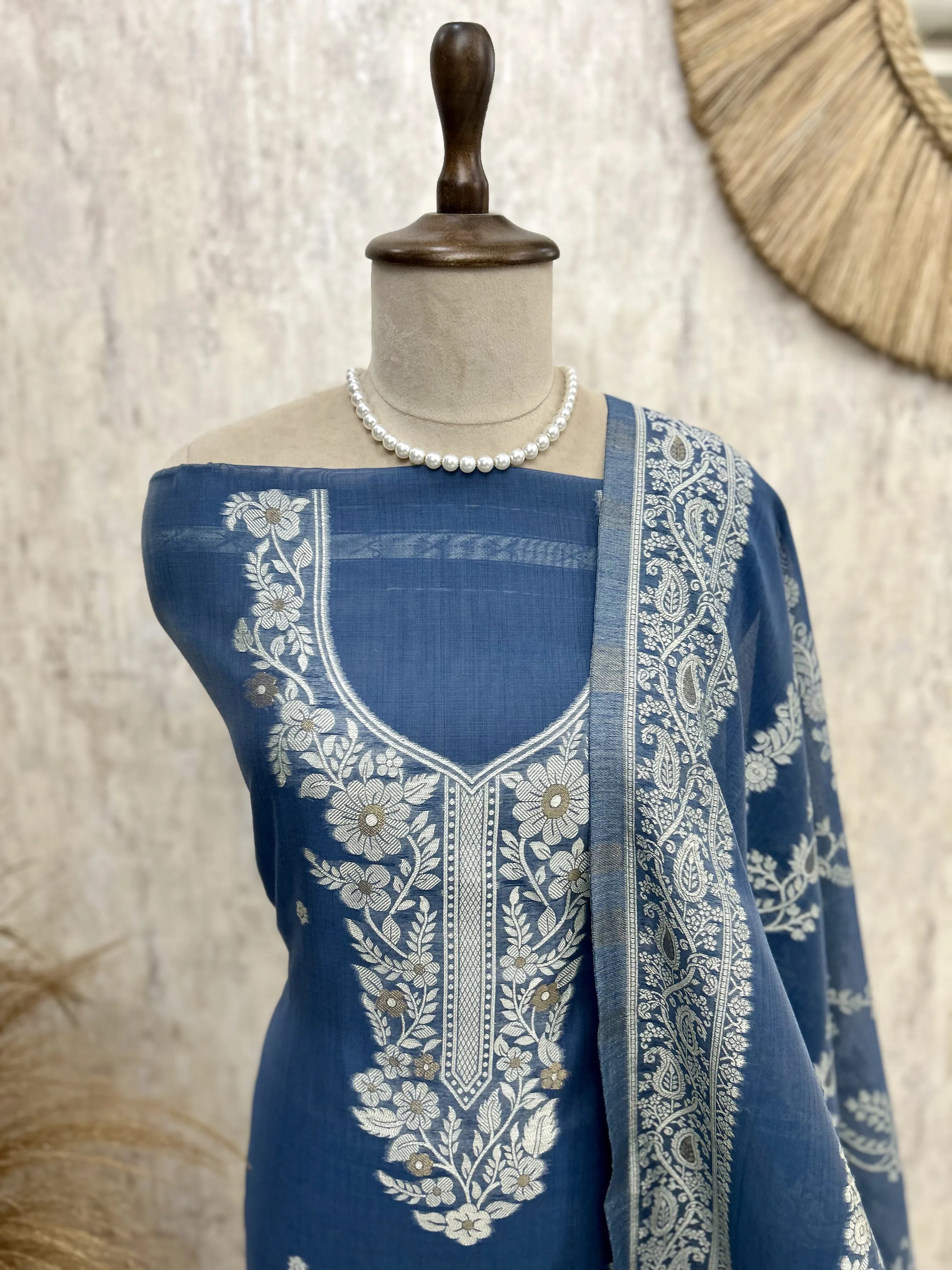 Indigo Jamdani Unstitched Suit Set Featuring Zari Work On Neckline