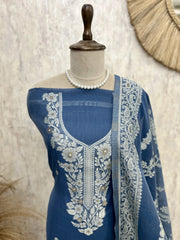 Indigo Jamdani Unstitched Suit Set Featuring Zari Work On Neckline