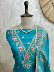 Graceful Dola Silk Unstitched Suit Set-V neck design