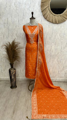 Graceful Dola Silk Unstitched Suit Set-V neck design