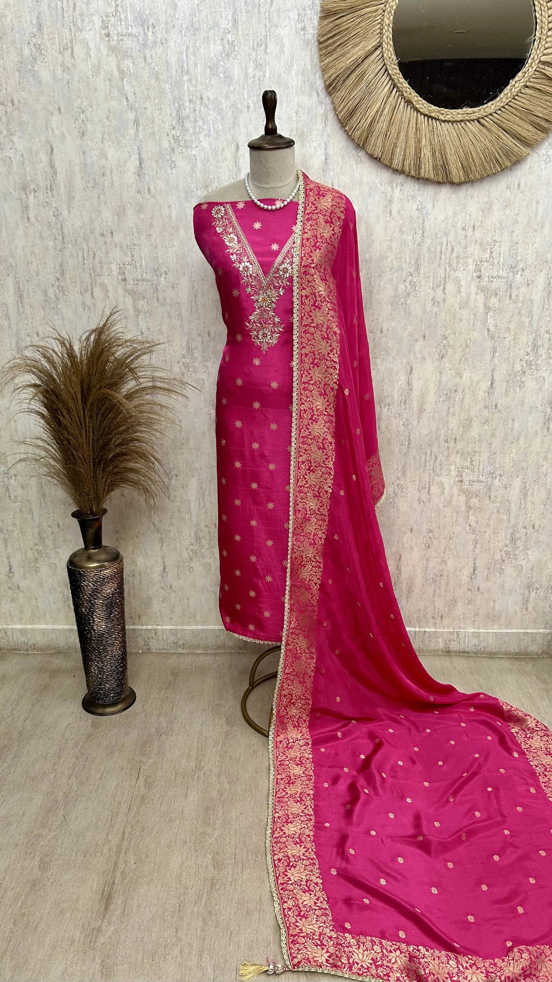 Graceful Dola Silk Unstitched Suit Set-V neck design