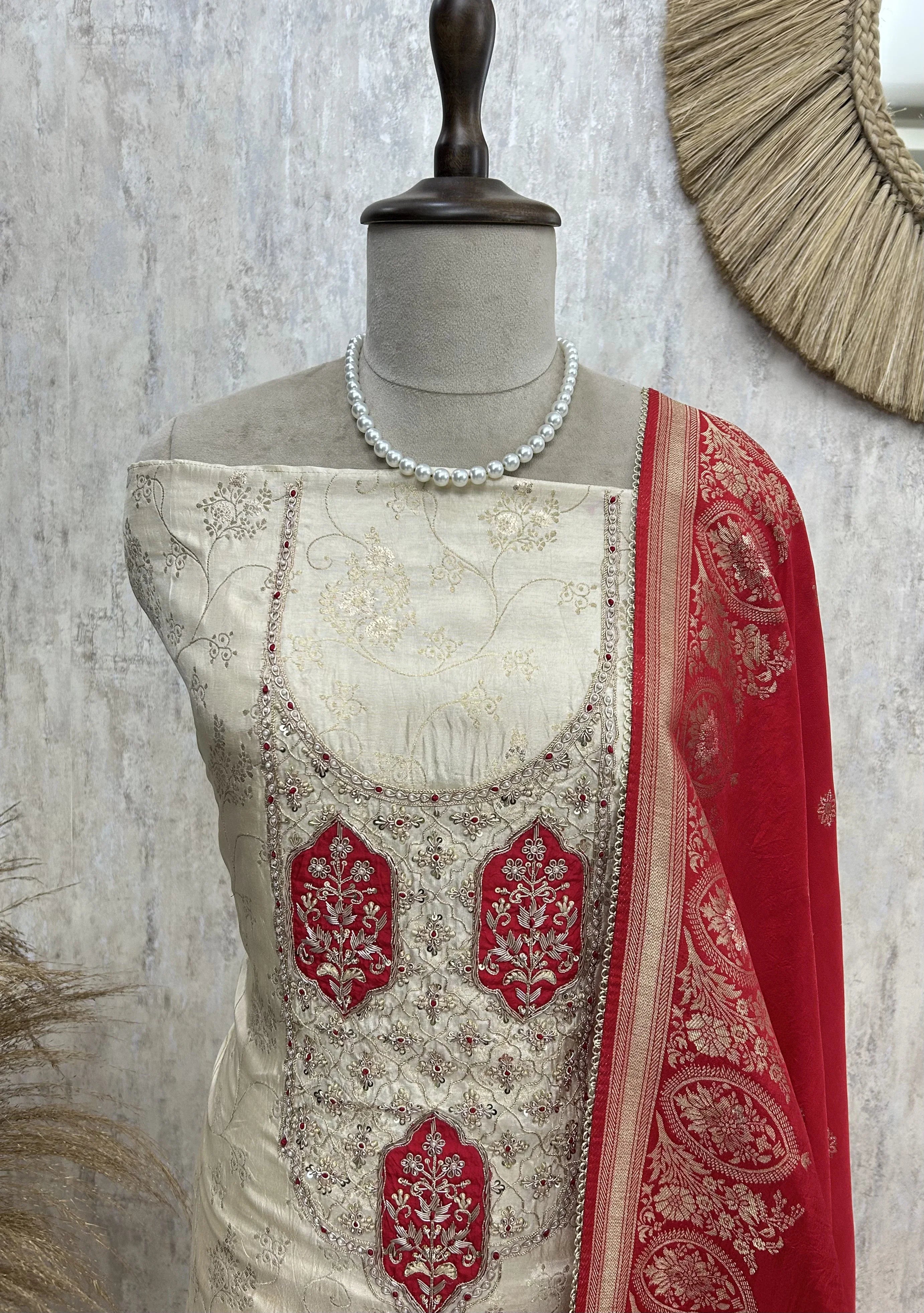 Zardosi & Pearl Work Dola Silk Unstitched Suit Set