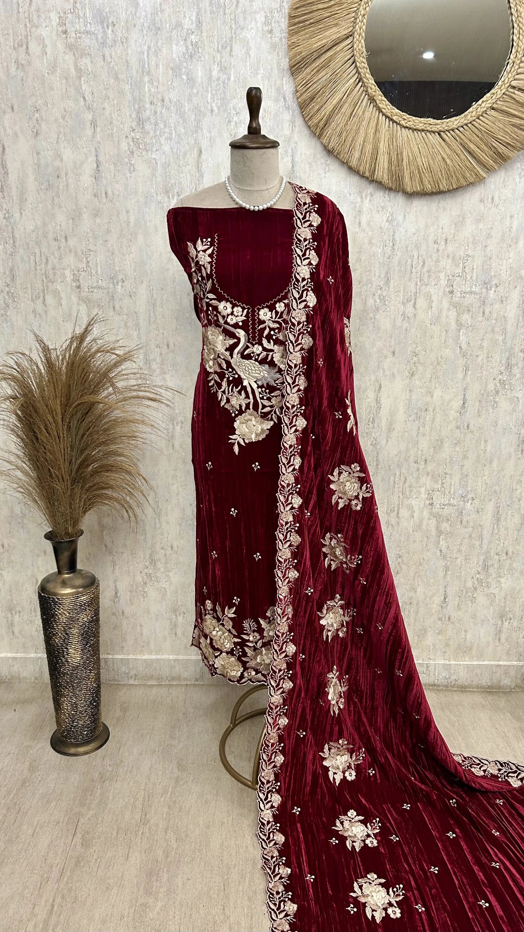 Velvet Unstitched Suit Set Featuring Thread Work