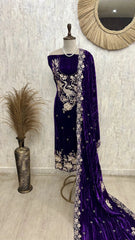 Velvet Unstitched Suit Set Featuring Thread Work