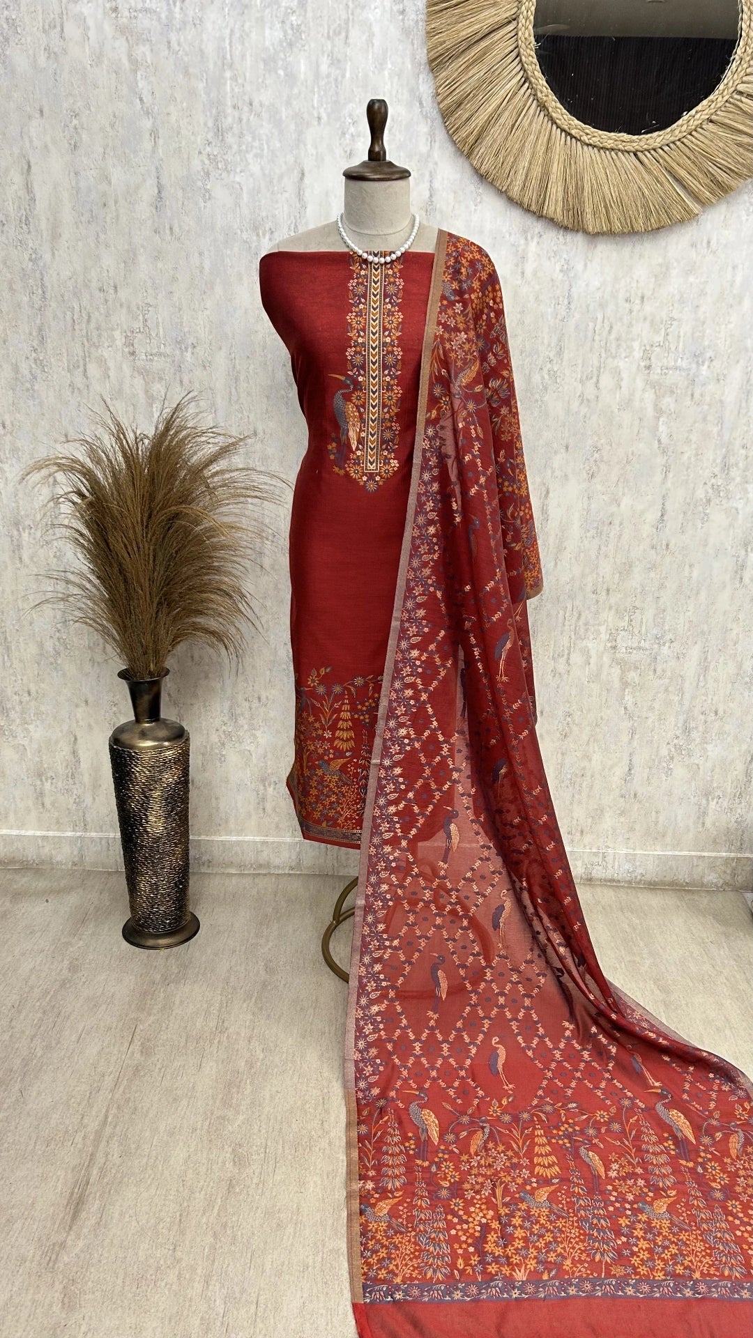 Elegant bird motif Unstitched Suit Set