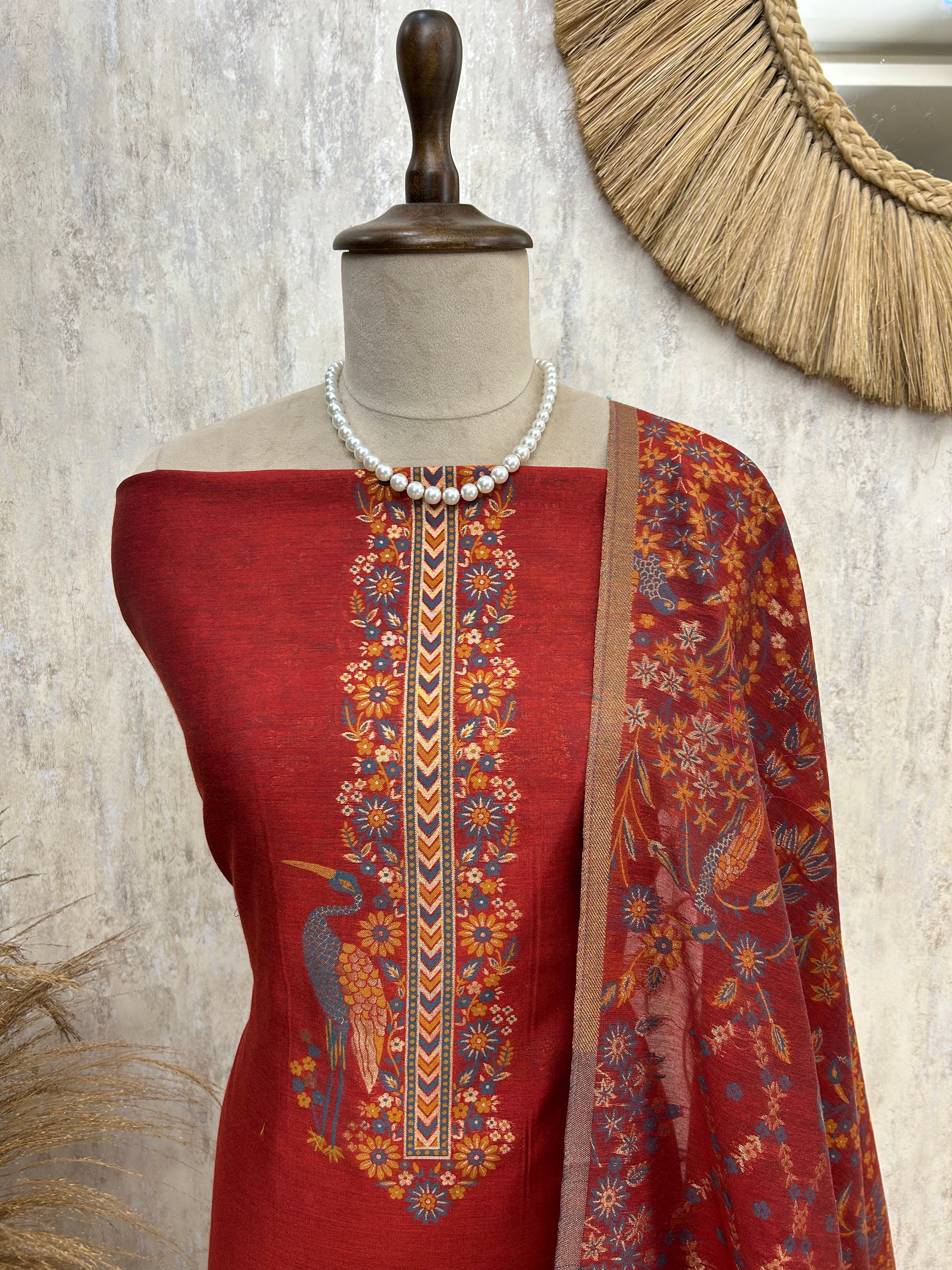 Elegant bird motif Unstitched Suit Set