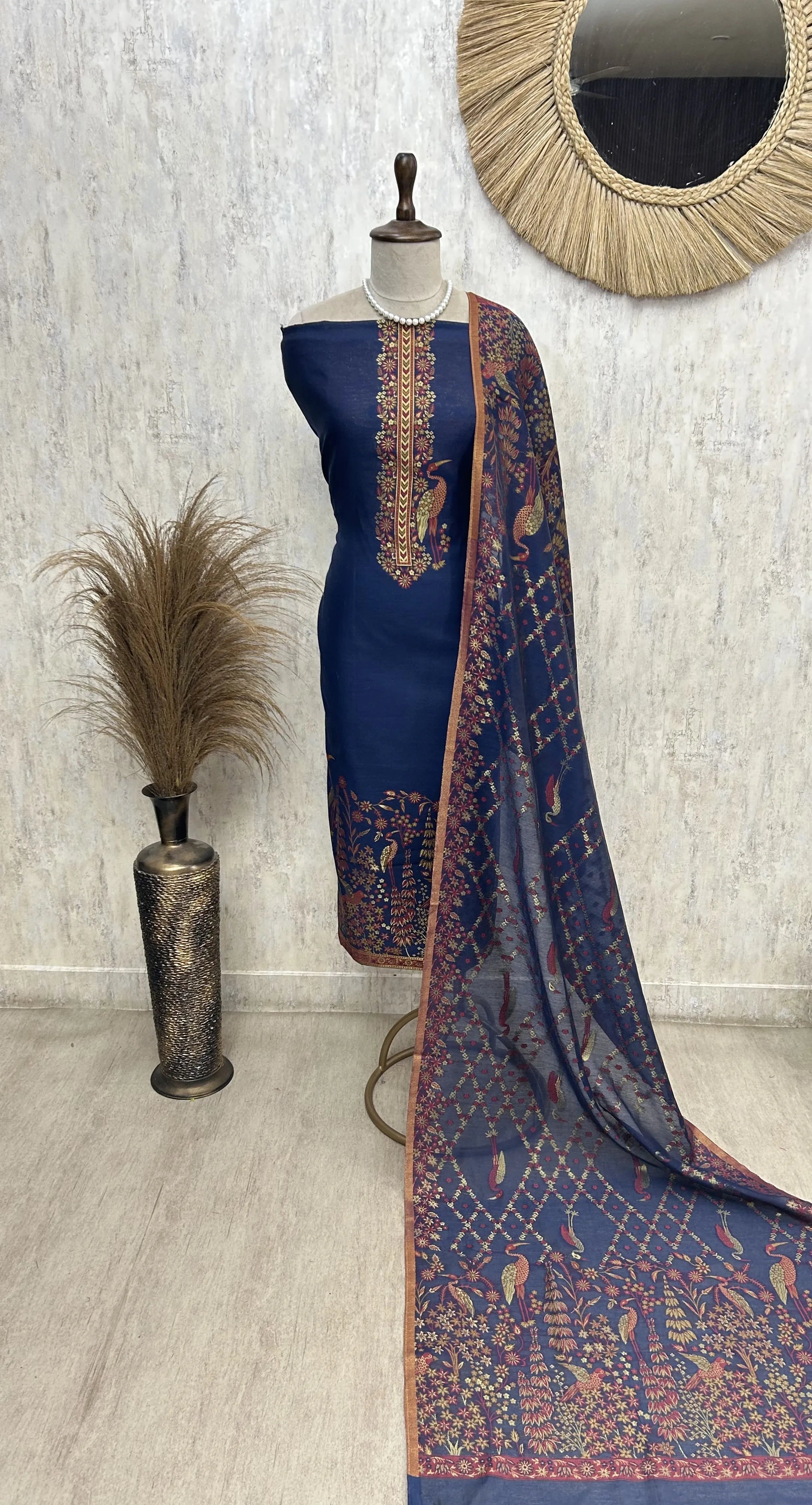 Elegant bird motif Unstitched Suit Set