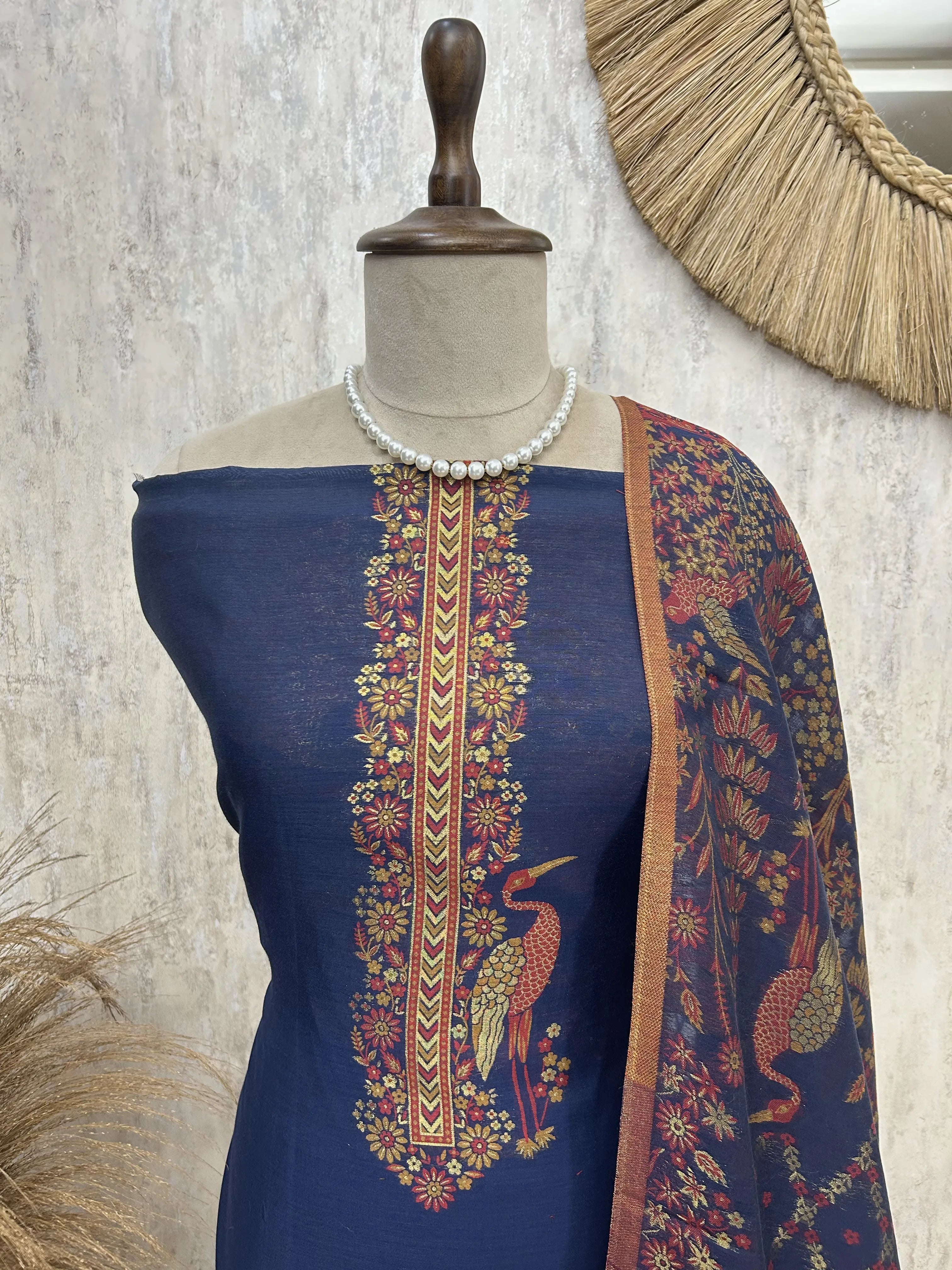 Elegant bird motif Unstitched Suit Set