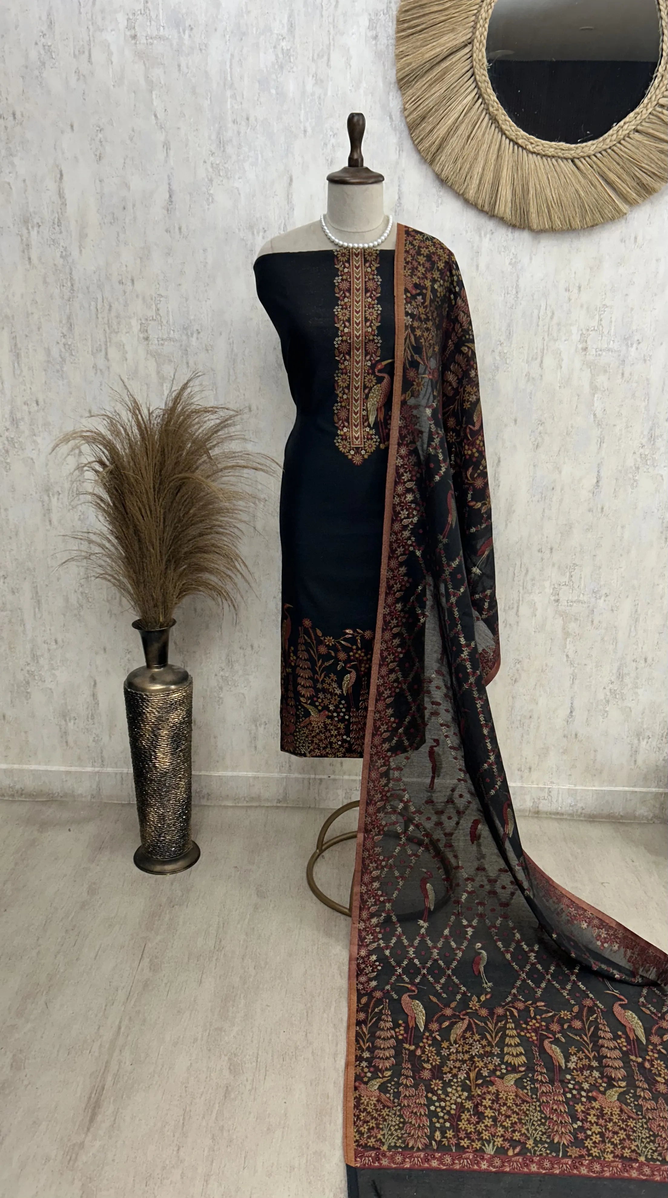 Elegant bird motif Unstitched Suit Set