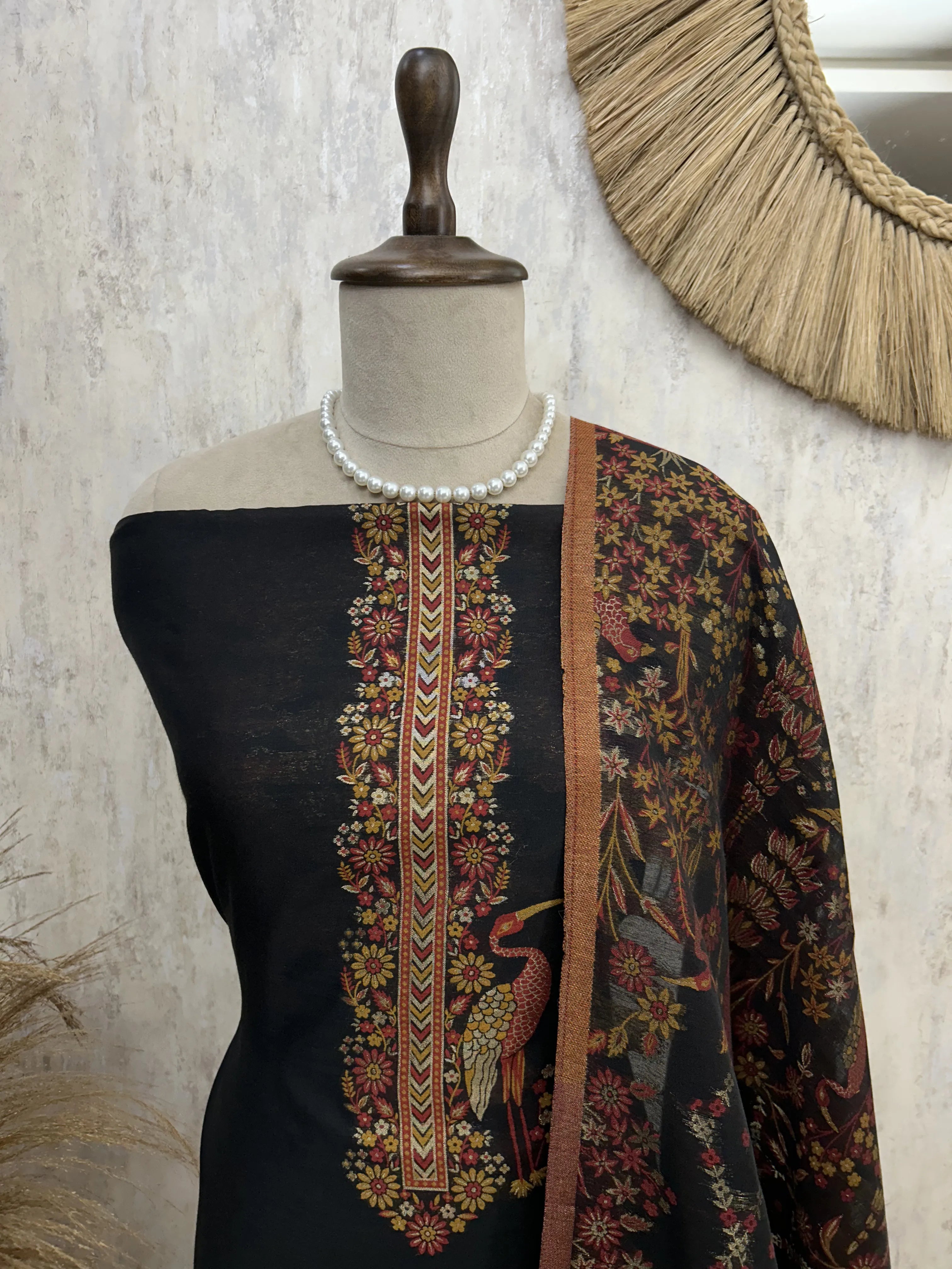 Elegant bird motif Unstitched Suit Set