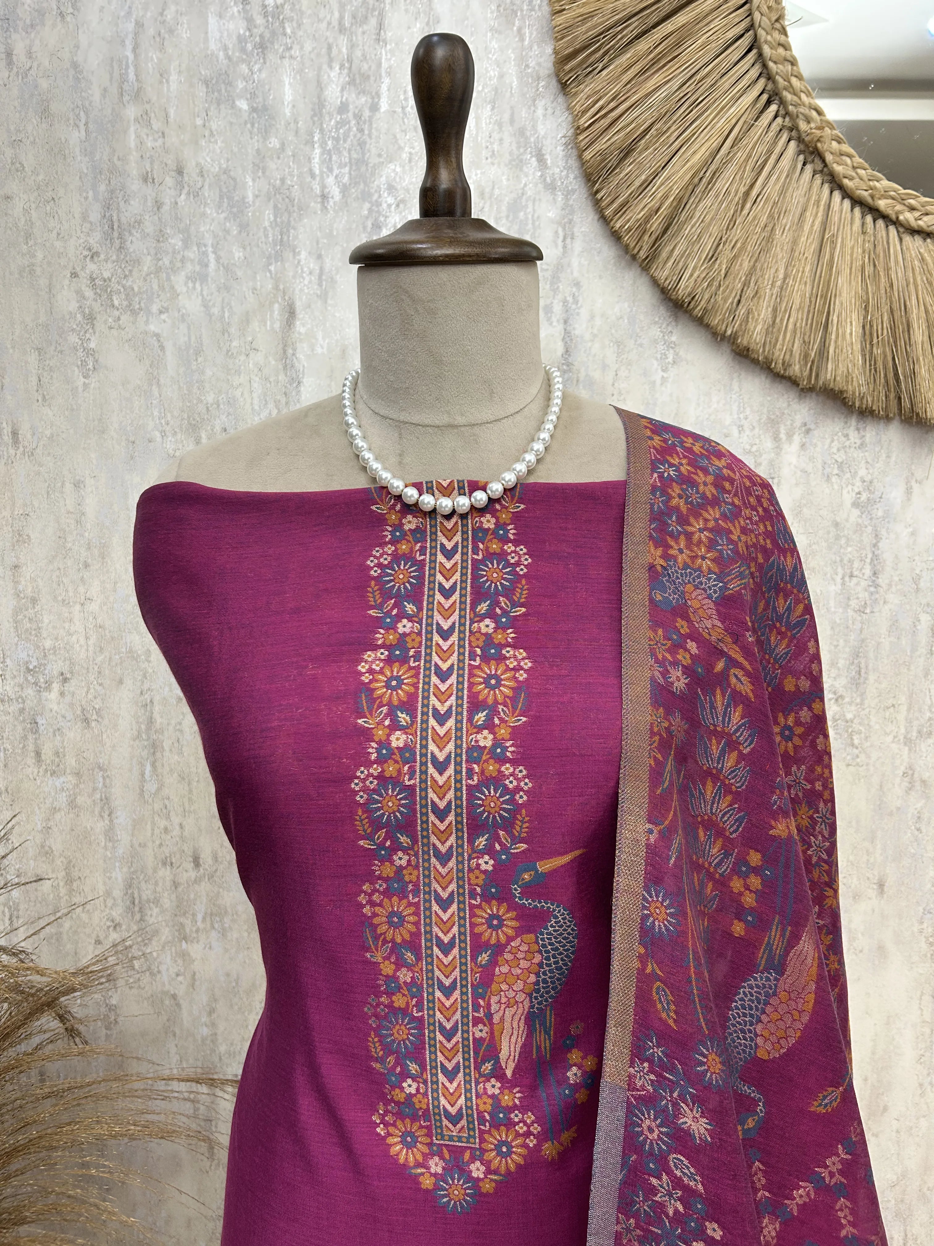 Elegant bird motif Unstitched Suit Set