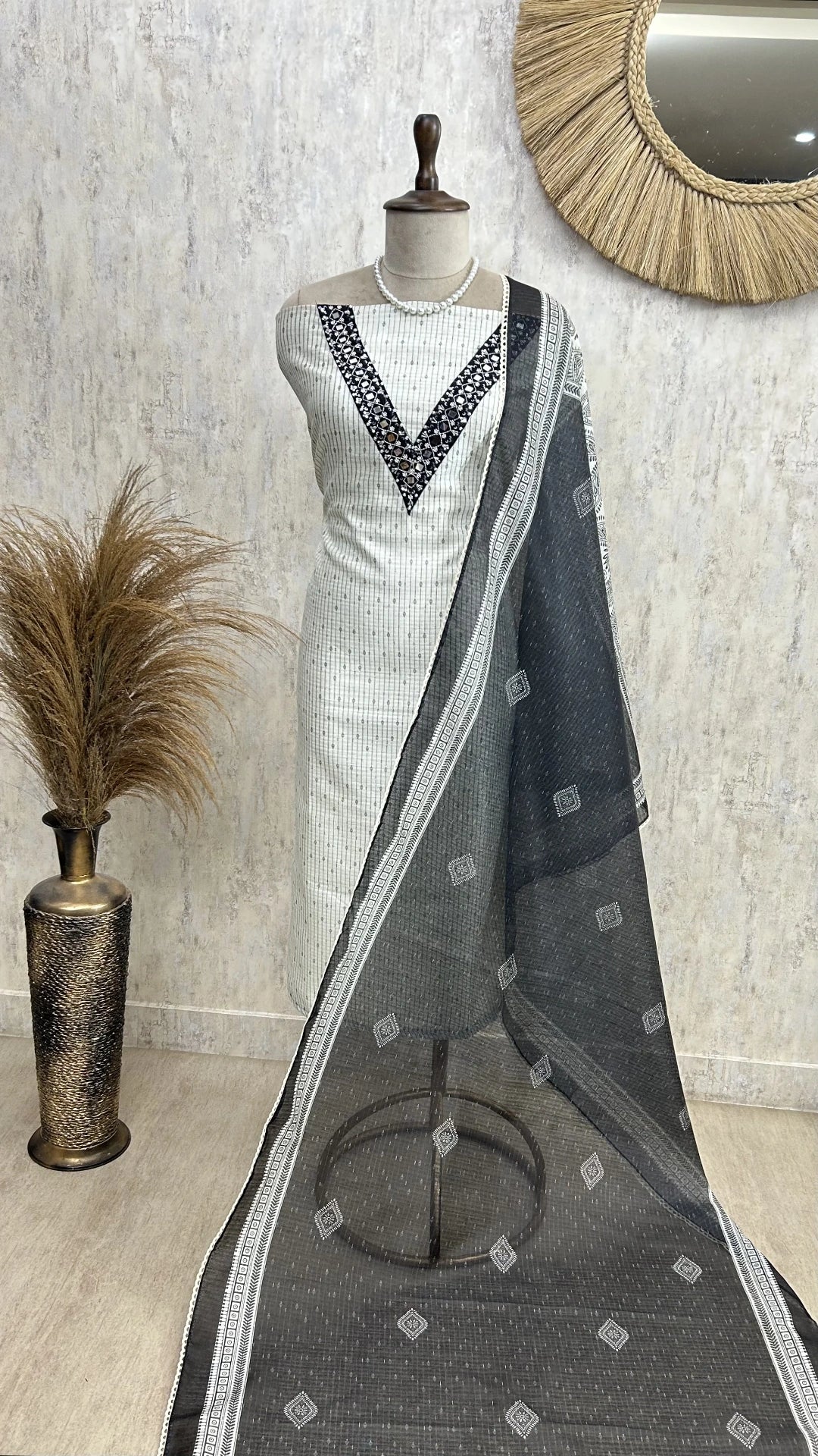 Mirror Work Linen Unstitched Suit Set