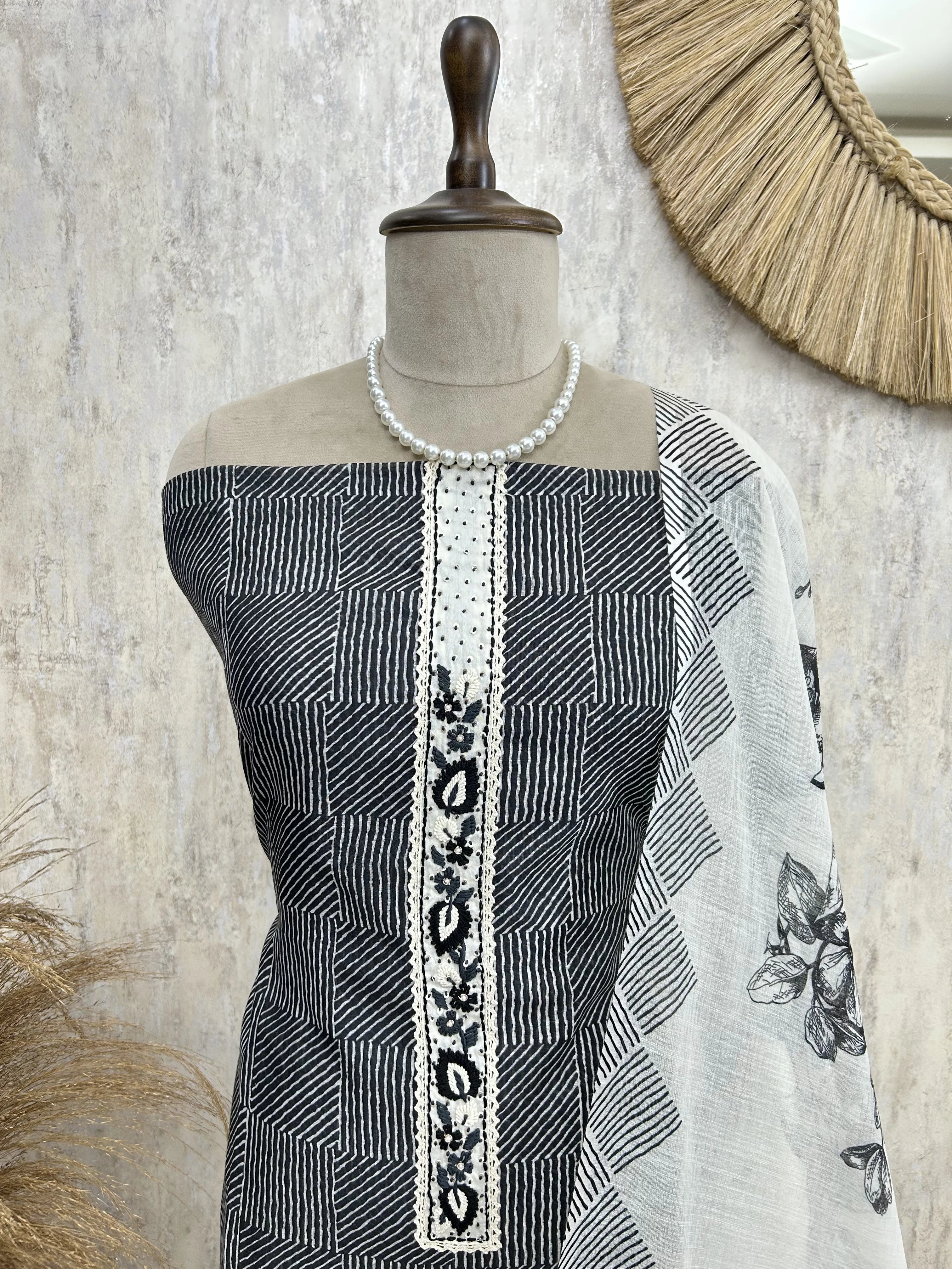 Printed Jamdani Linen Unstitched Suit Set