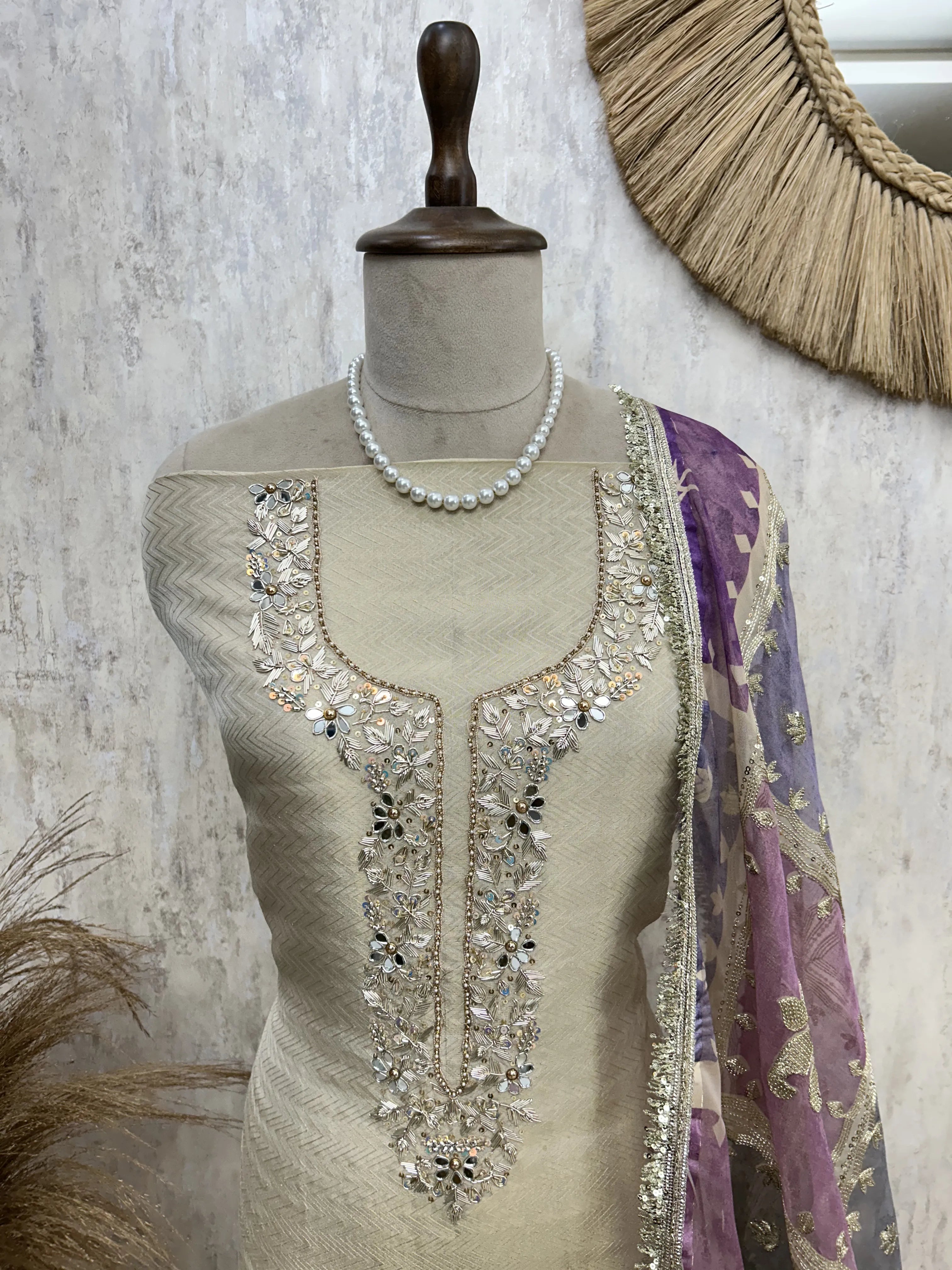 Ivory Elegance-Tissue Unstitched Suit Set