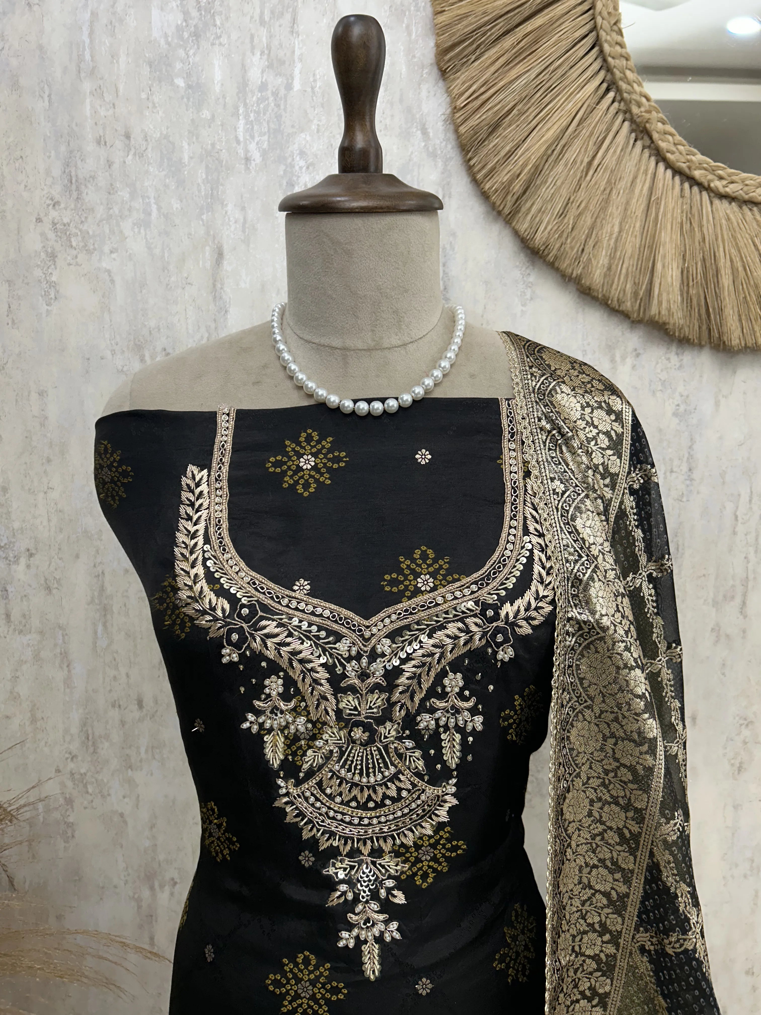 Embroidered Dola silk unstitched suit set