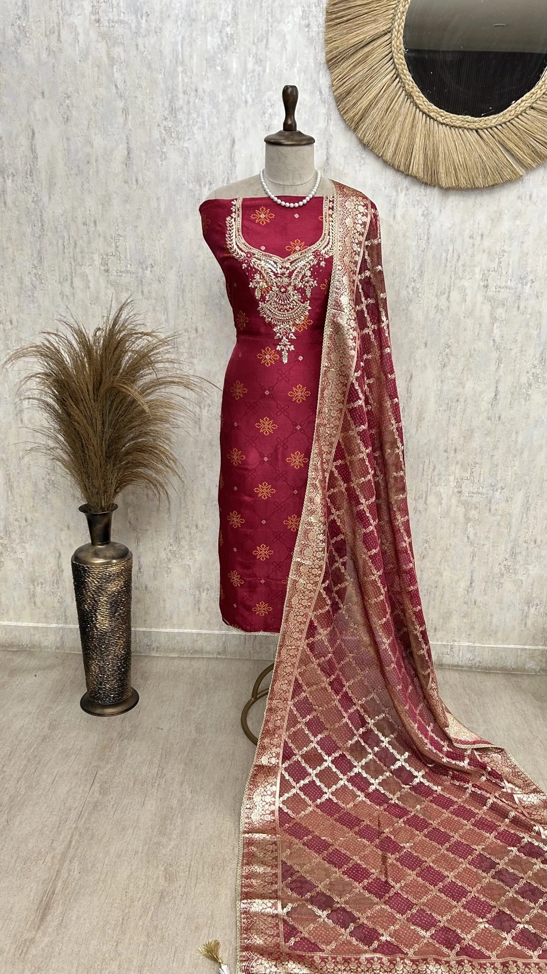 Embroidered Dola silk unstitched suit set